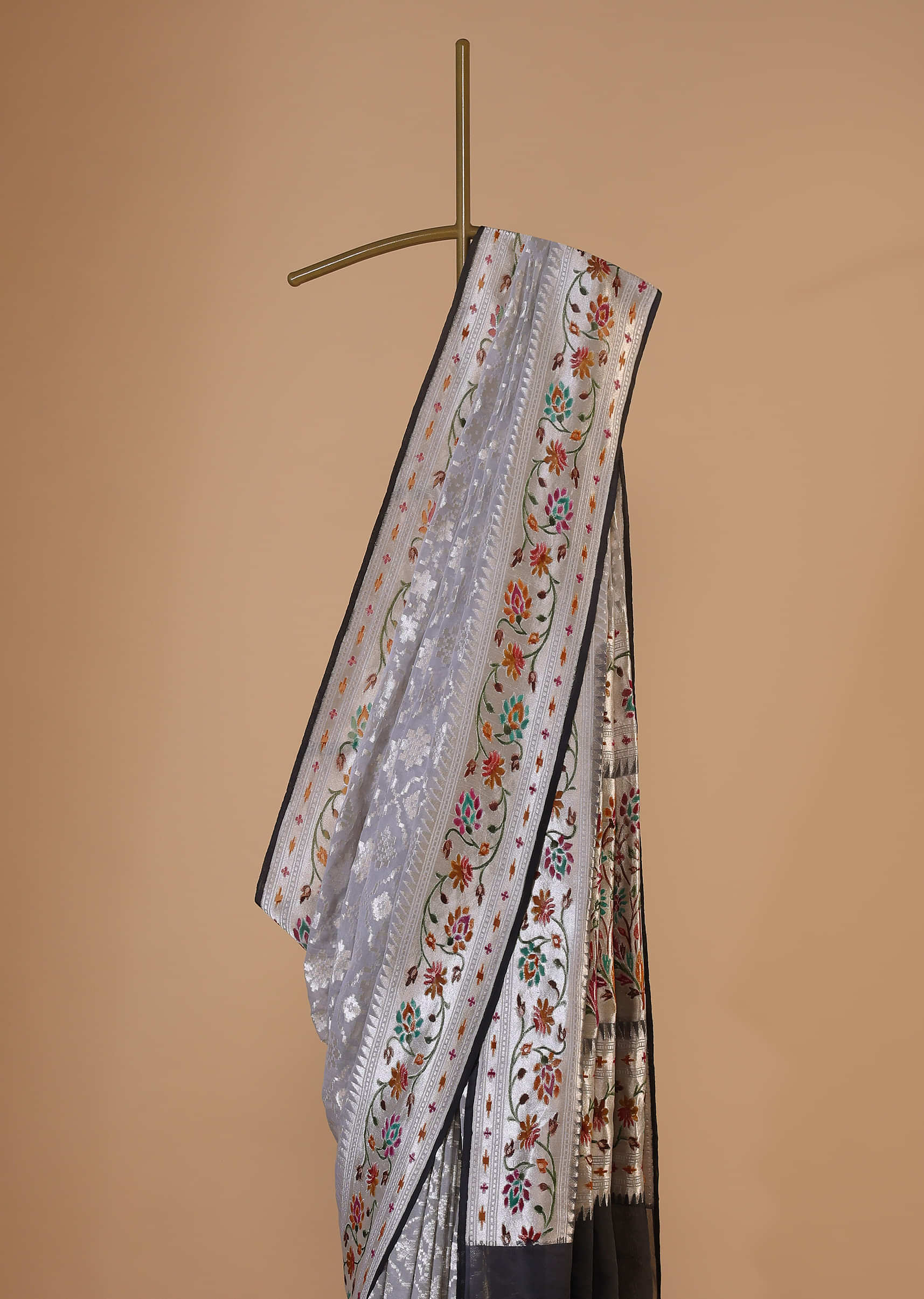 Cloud Grey Georgette Saree With Banarasi Zari With Meena Work Border And An Unstitched Blouse