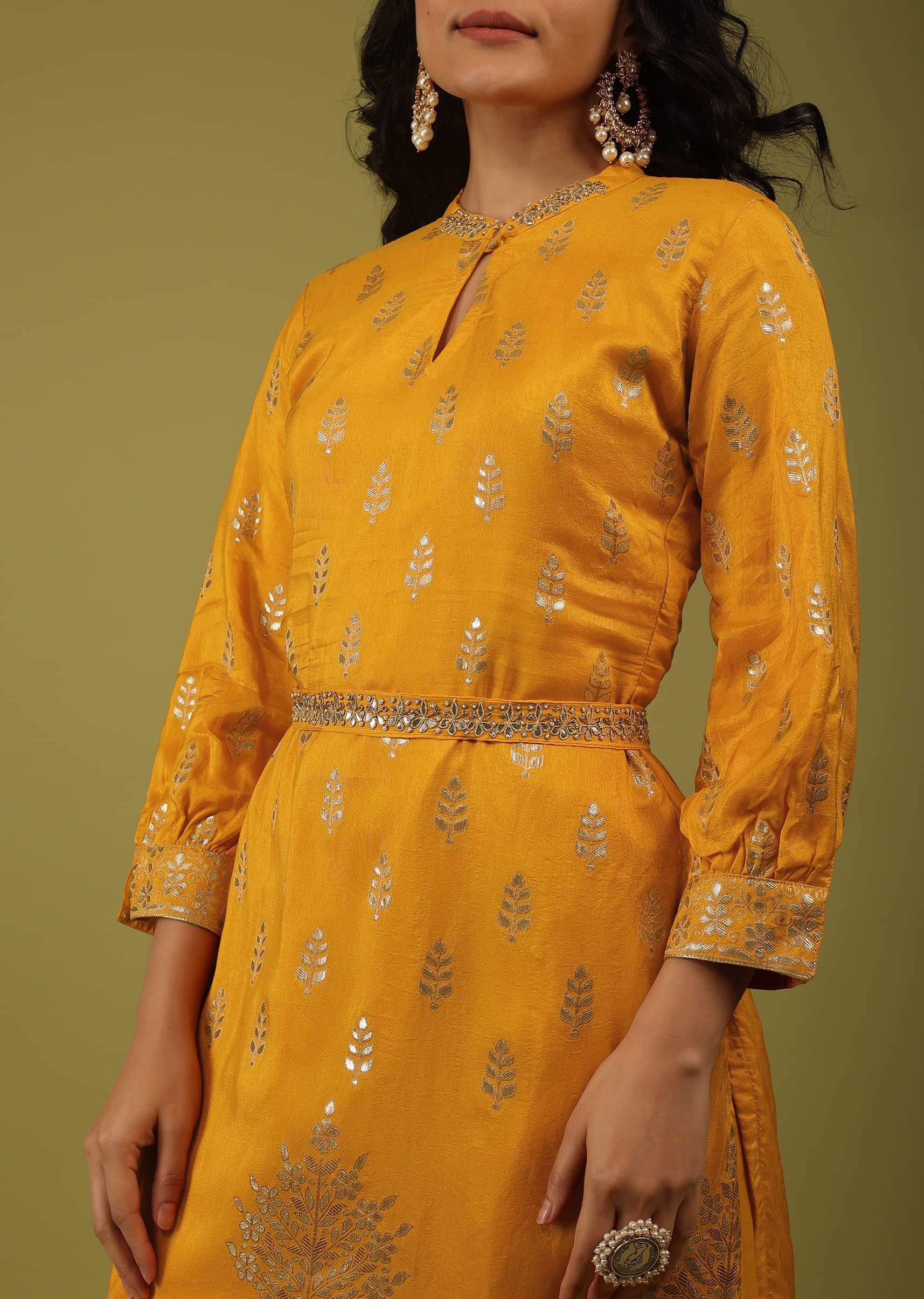 Radiant Yellow Gharara Suit Set In Brocade With Embroidery In Dola Silk