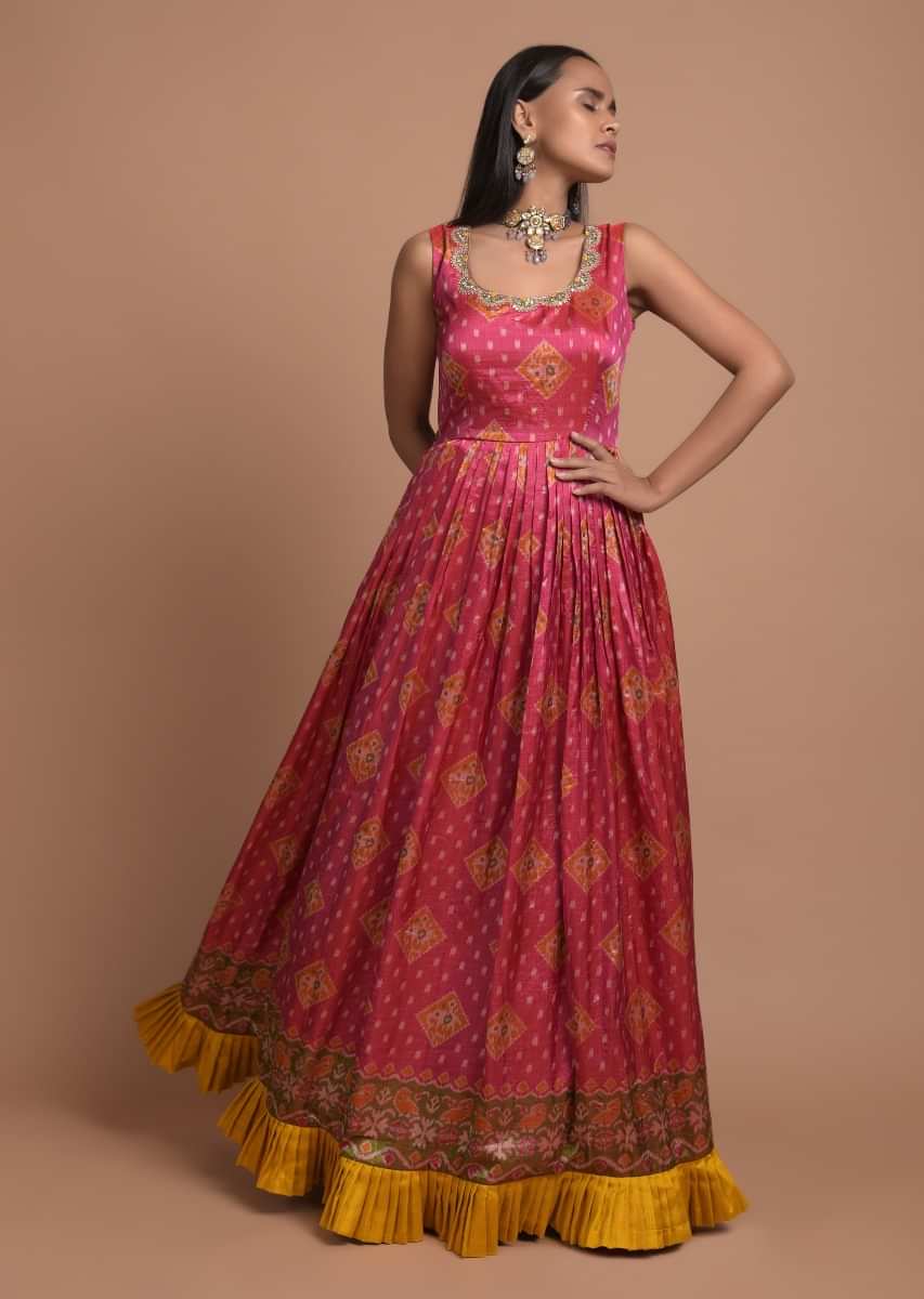 Rani Pink Anarkali Suit In Silk With Patola Print All Over And Mustard Frill On The Hem  