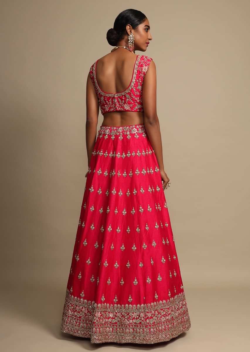Rani Pink Lehenga Choli With Resham Embroidered Floral Border And Sequins Buttis 