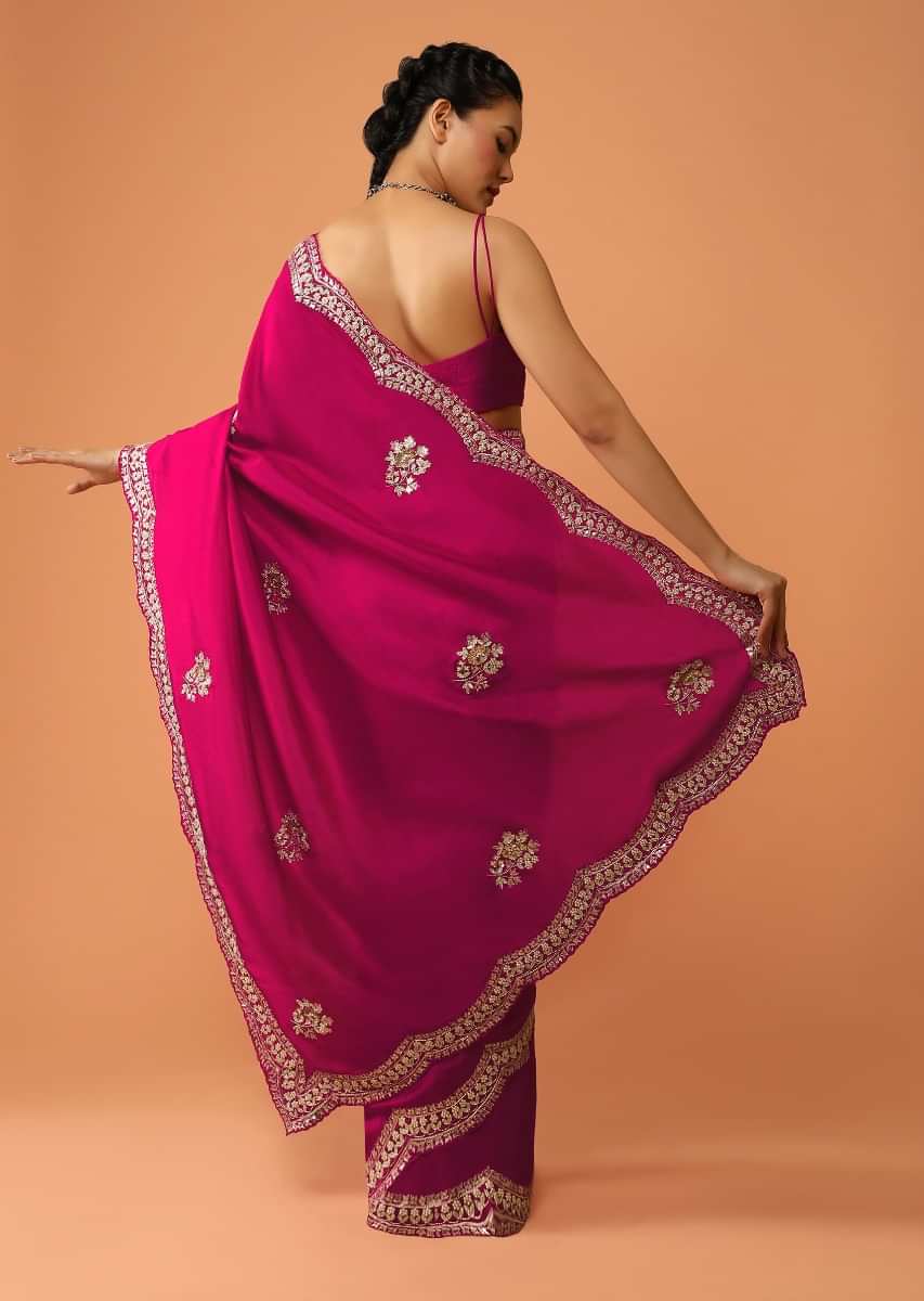 Rani Pink Saree In Dupion Silk With Scalloped Border And Buttis Featuring Gotta Patti And Sequins Embroidery  