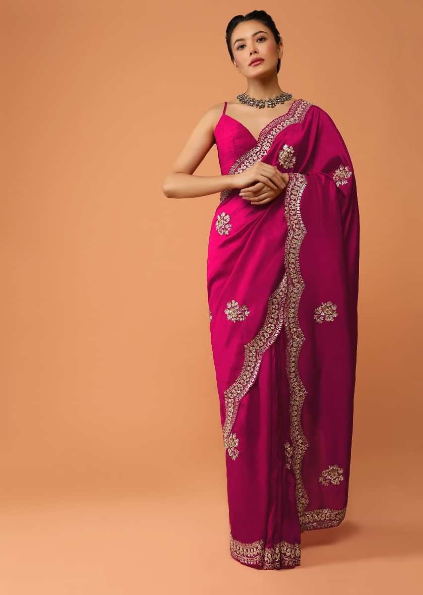 Rani Pink Saree In Dupion Silk With Scalloped Border And Buttis Featuring Gotta Patti And Sequins Embroidery  