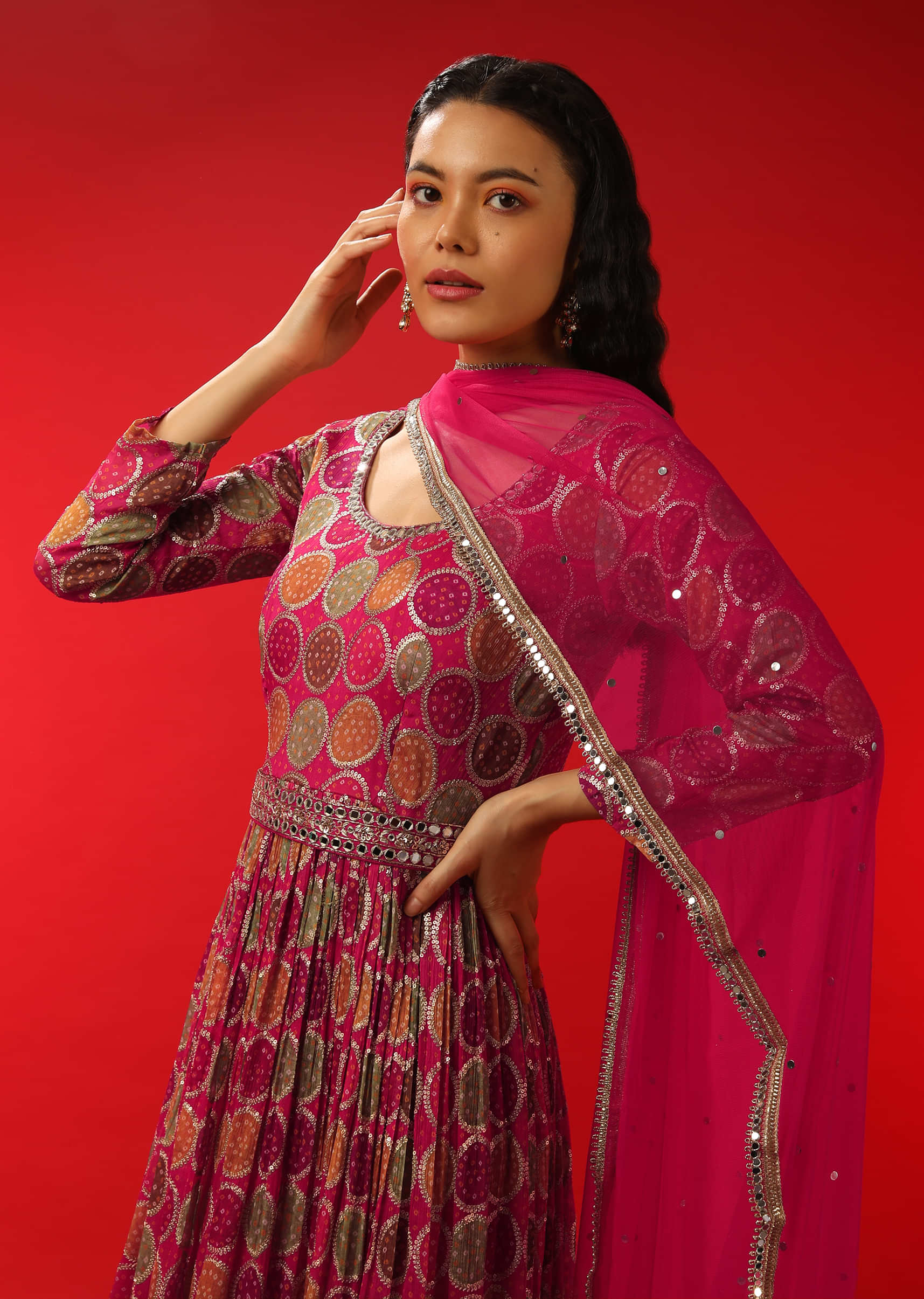 Rani Pink Anarkali Suit In Georgette With Bandhani Print And Multi Colored Circles  