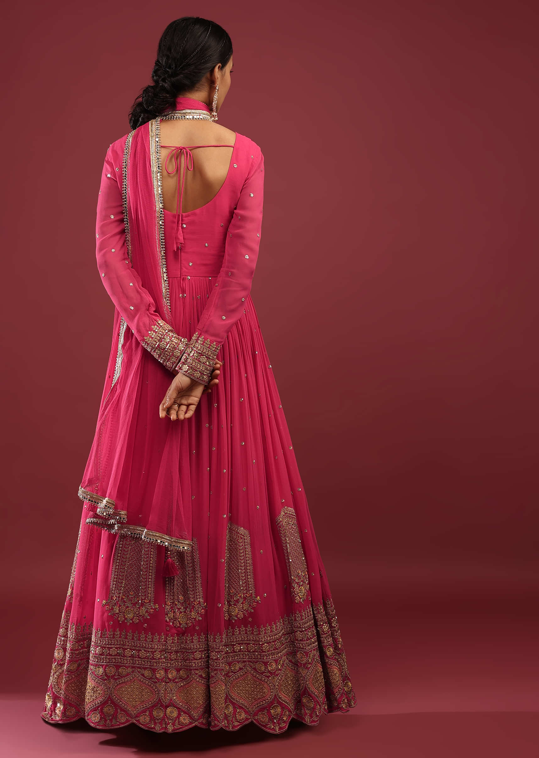 Rani Pink Anarkali Suit In Georgette With Multicolored Resham And Zari Embroidered Mughal Design
