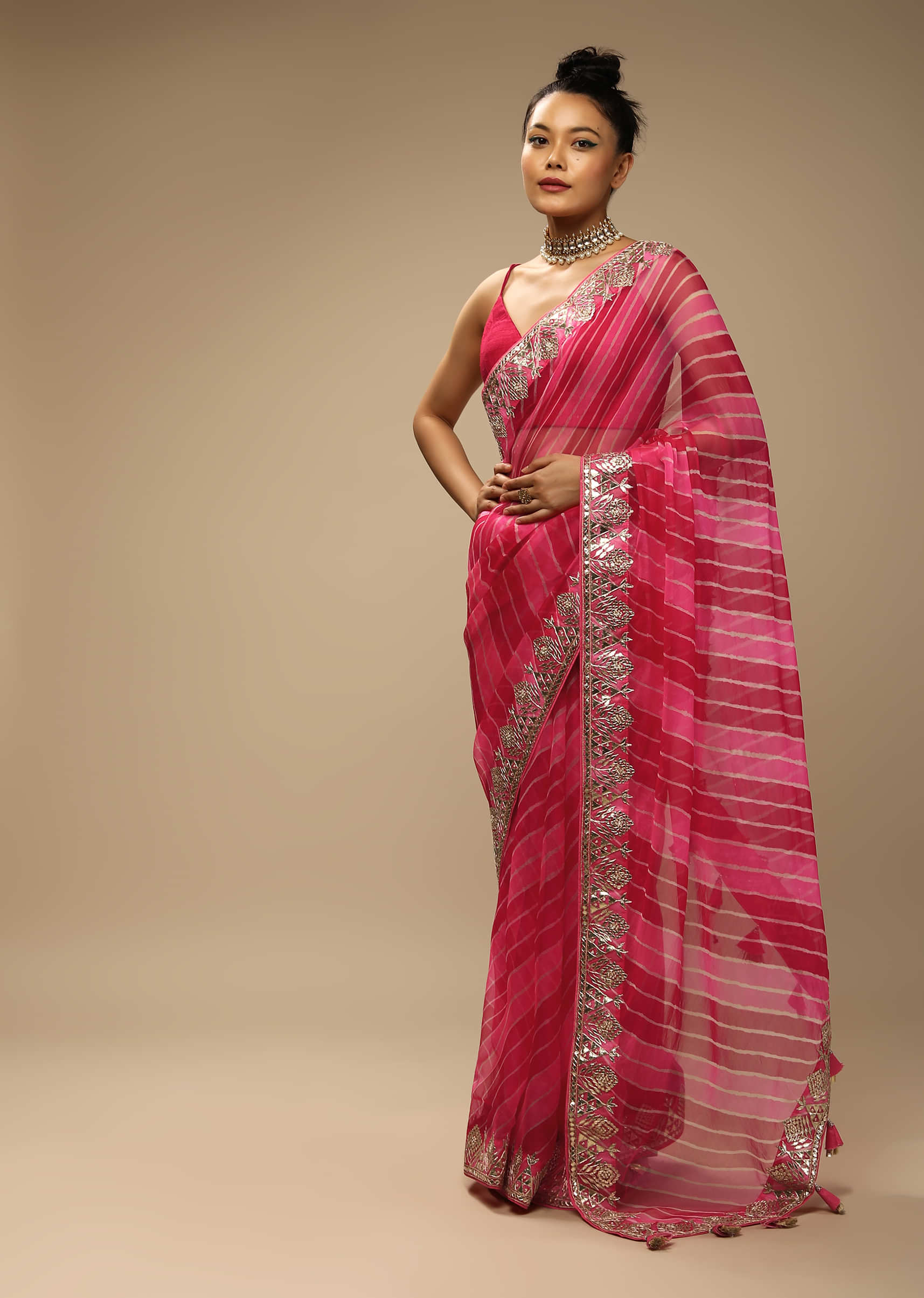 Rani Pink And Fuchsia Dual Toned Saree In Organza With Lehariya Print And Gotta Patti Embroidered Geometric Floral Border