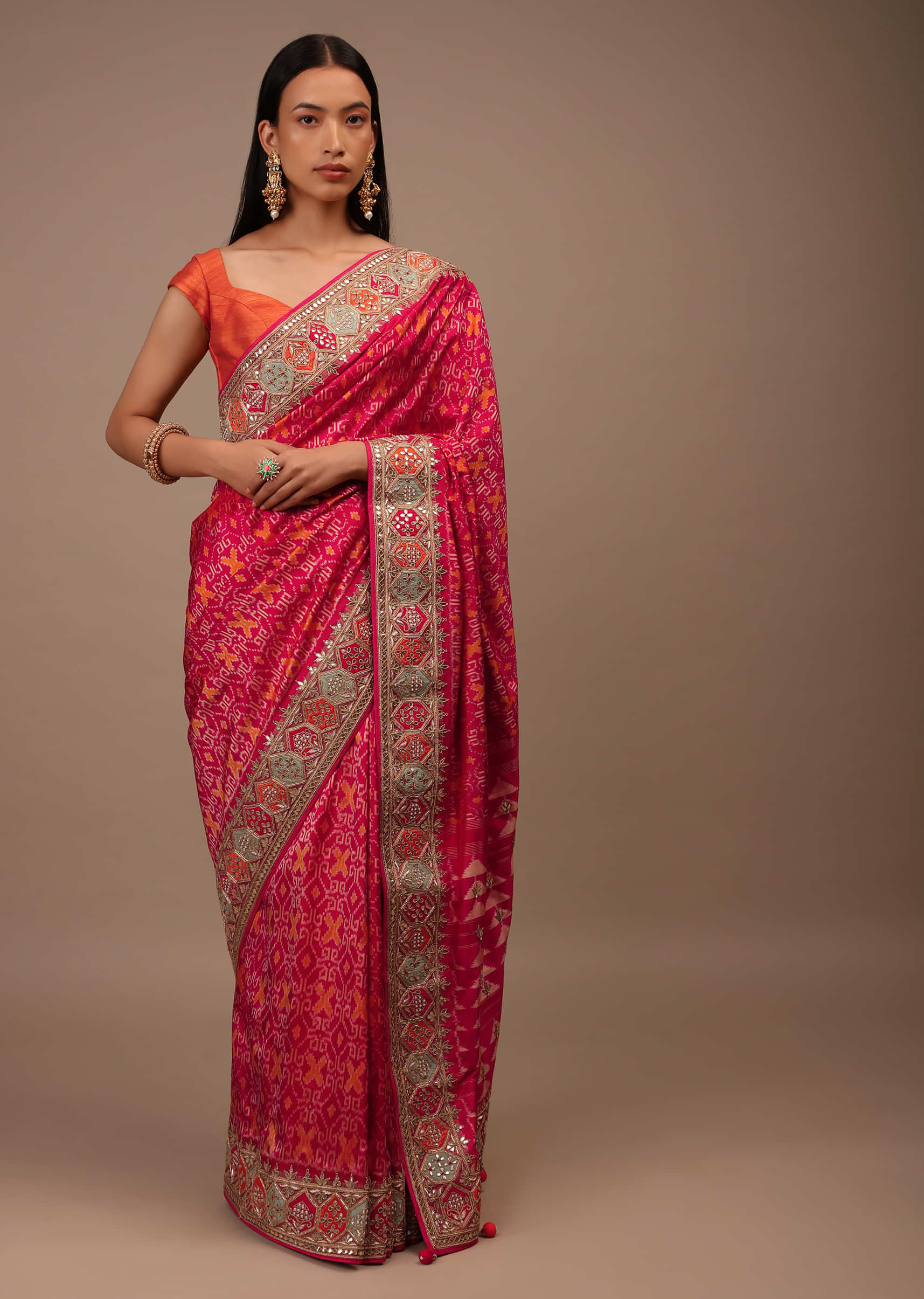Rani Pink And Orange Two Toned Saree In Silk With Pure Patola Weave And Gotta Patti Embroidered Border