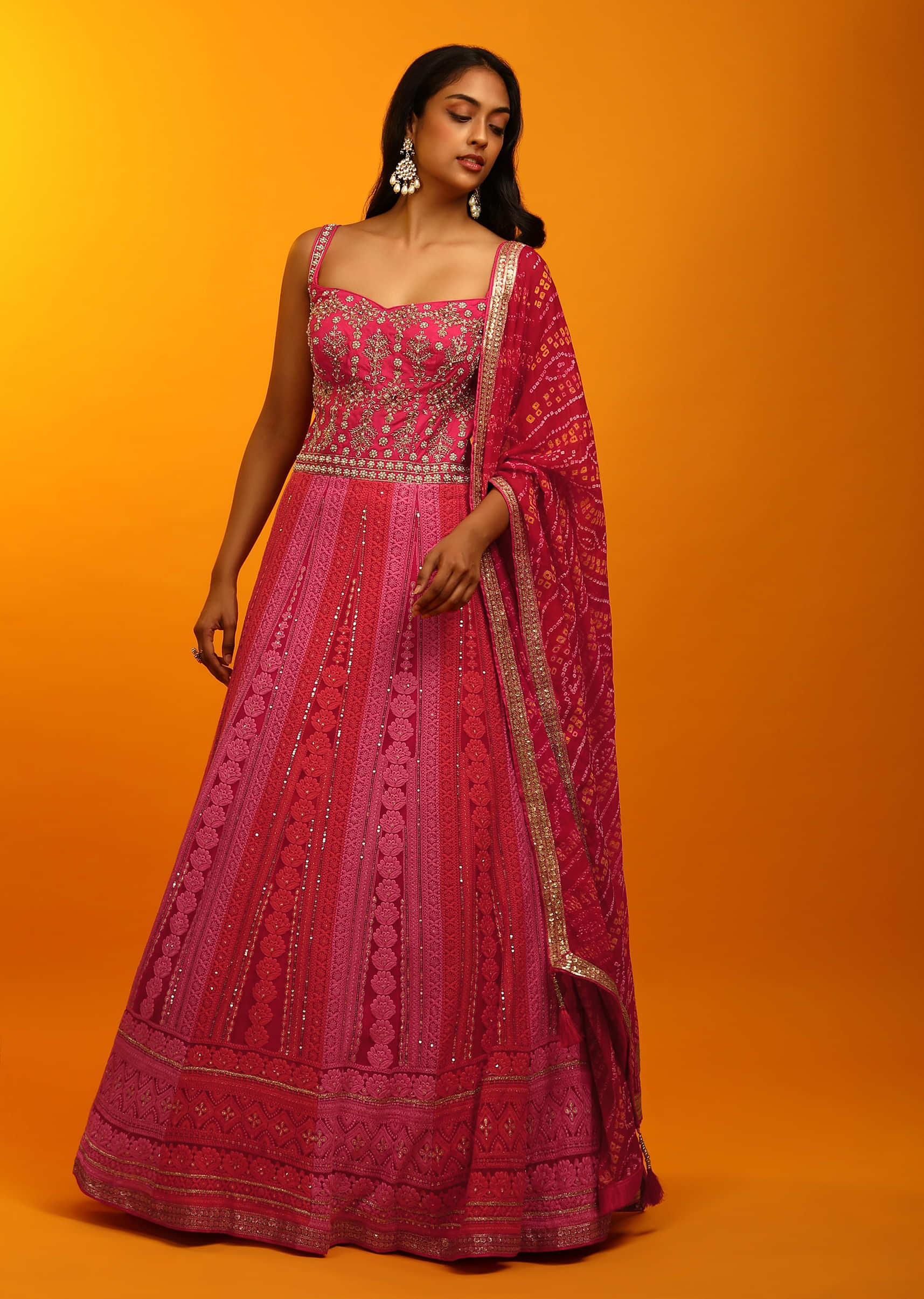 Rani Pink And Red Panel Anarkali Suit With Lucknowi Thread Embroidered Ethnic Kalis And Bandhani Dupatta
