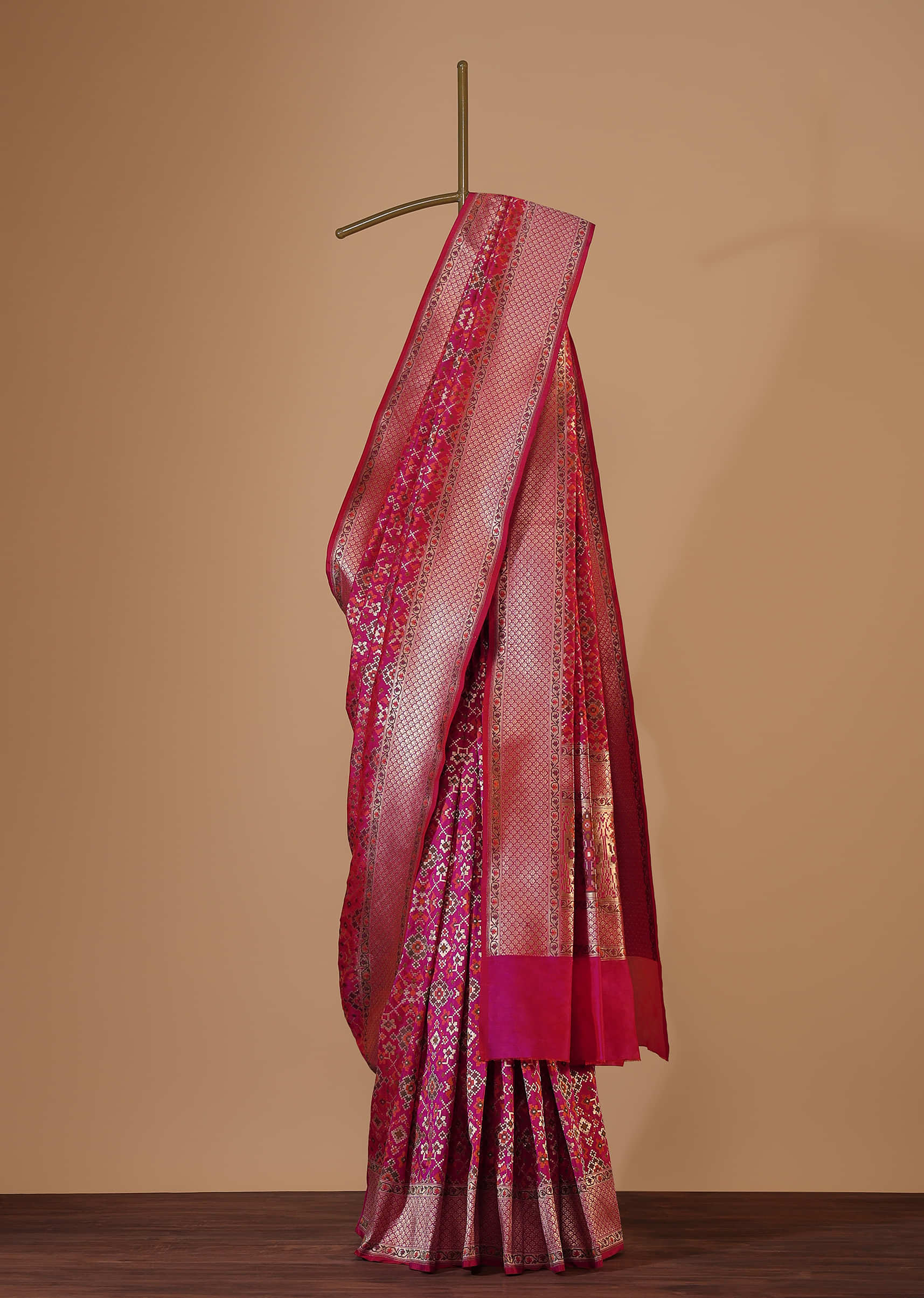 Rani Pink Banarasi Patola Saree In Katan Silk With Ikat Weave And Unstitched Blouse