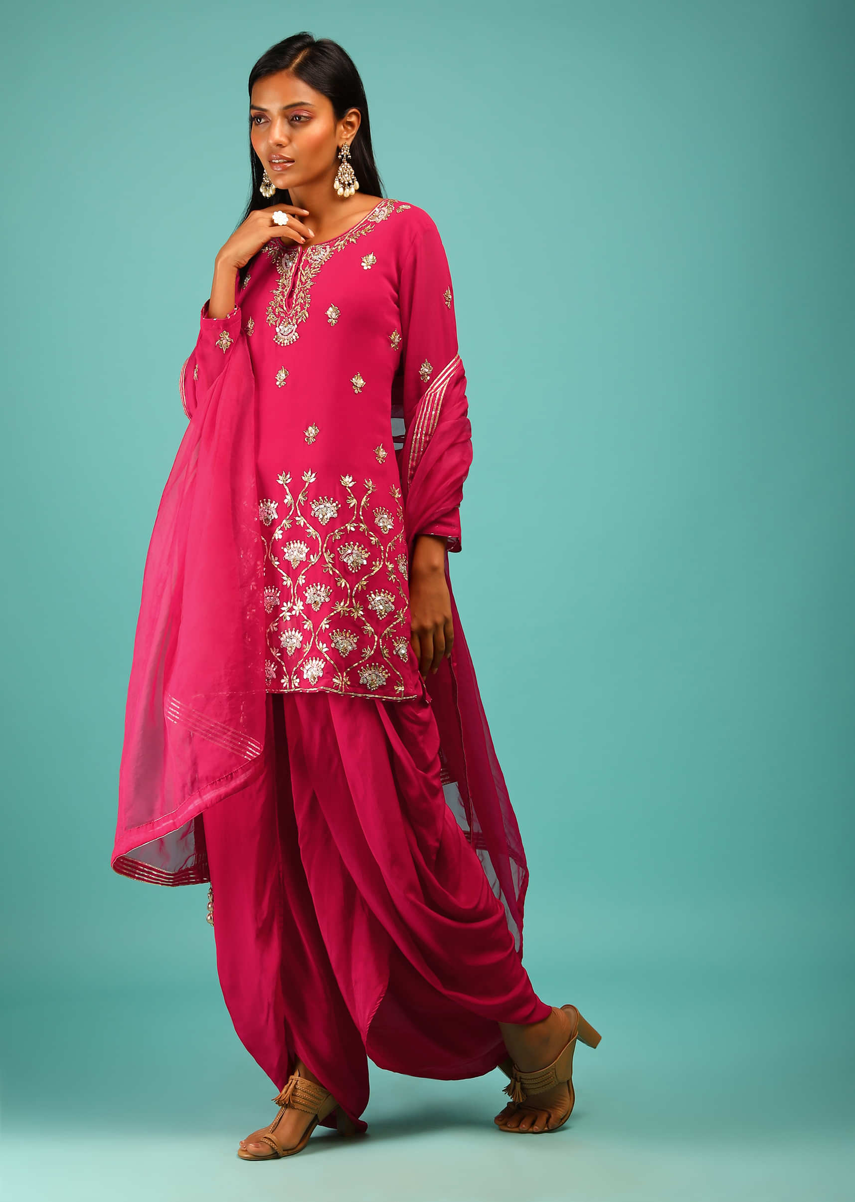 Rani Pink Dhoti Suit With Gotta Patti And Sequins Embroidered Moroccan And Floral Motifs