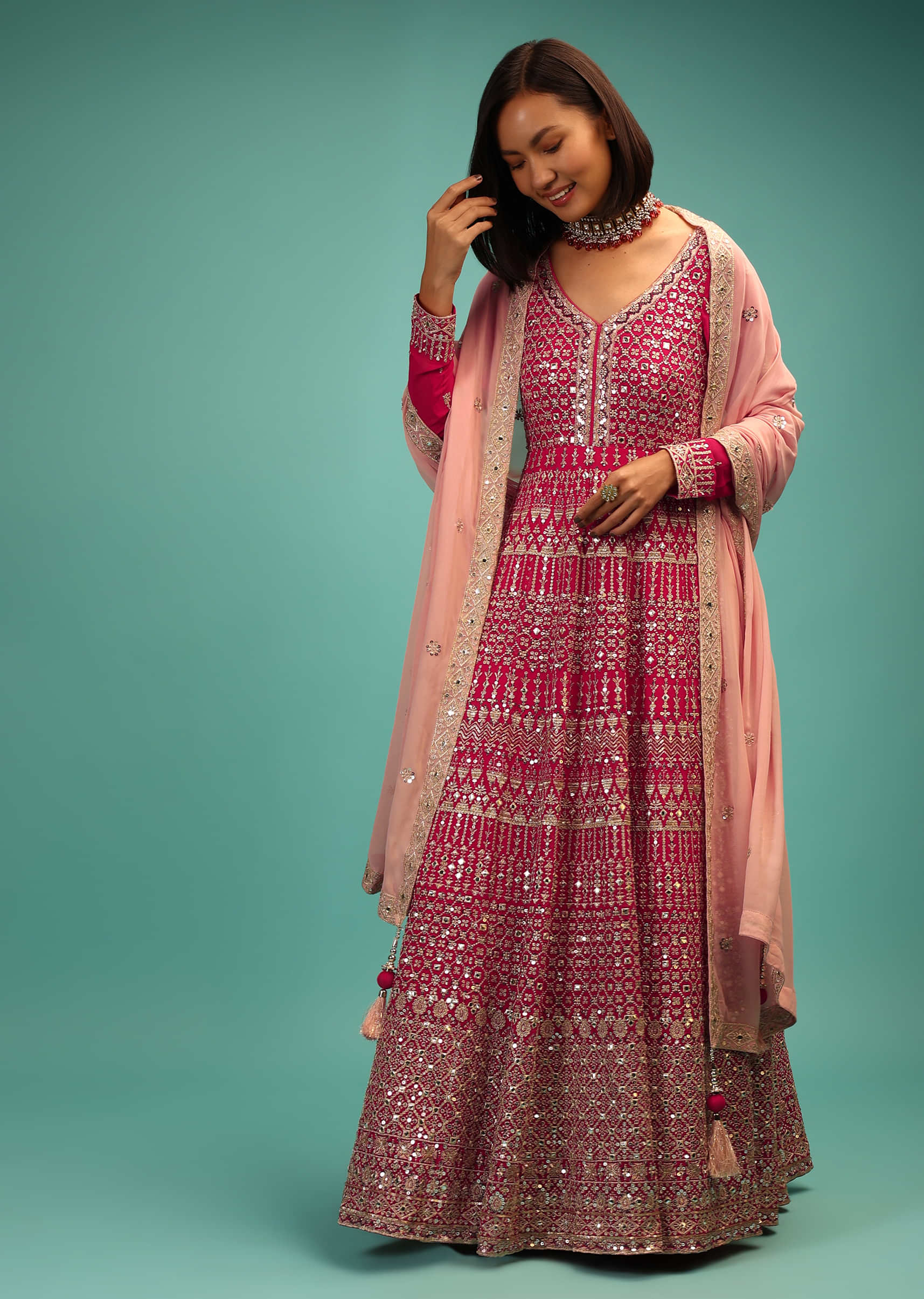 Rani Pink Anarkali Suit In Zari And Embroidered Jhaal