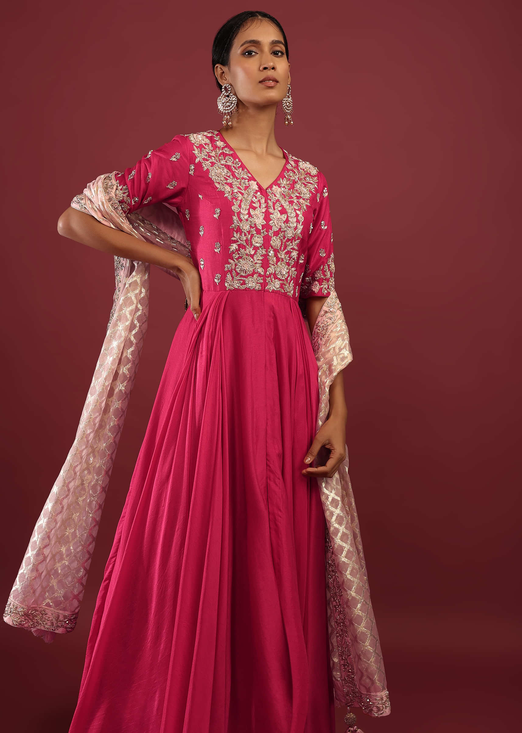 Rani Pink High Low Anarkali Suit With A Front Slit, Zardosi Embroidered Flowers And Baby Pink Lurex Dupatta