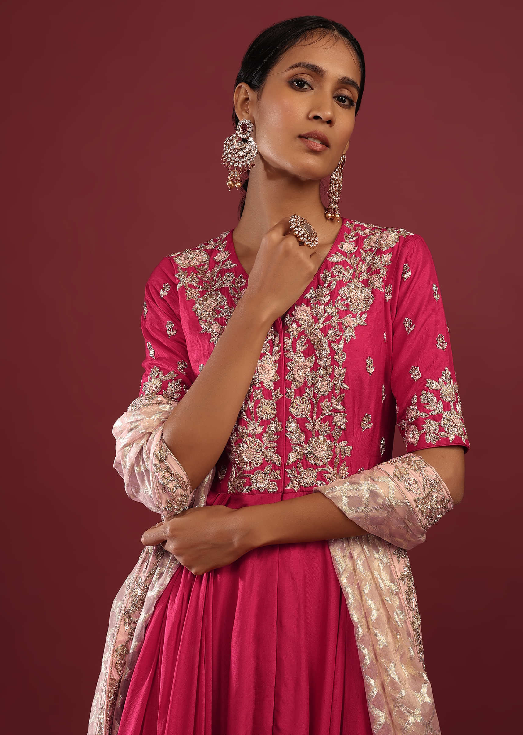Rani Pink High Low Anarkali Suit With A Front Slit, Zardosi Embroidered Flowers And Baby Pink Lurex Dupatta
