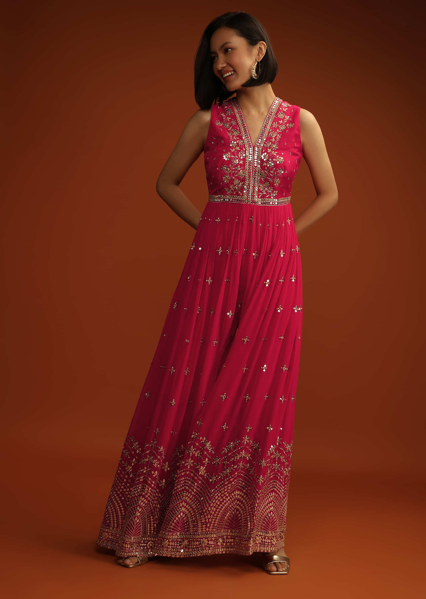 Rani Pink Jumpsuit In Georgette With Zari And Sequins Embroidered Buttis And Mughal Motifs