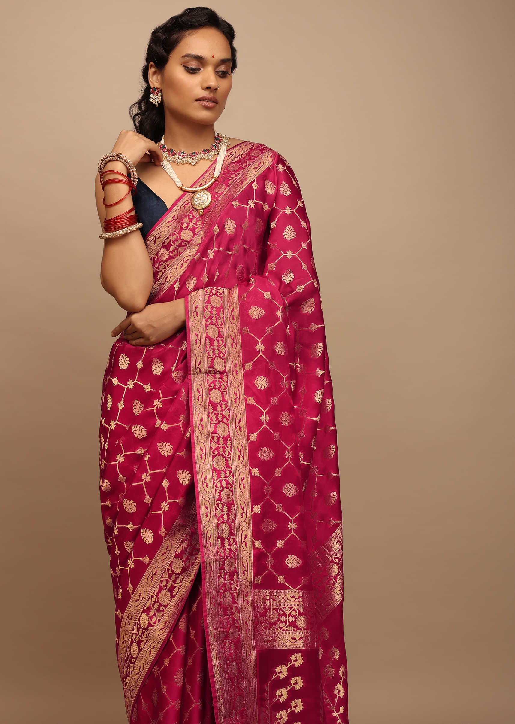 Rani Pink Saree In Satin Silk With Woven Geometric Jaal And Butti Design