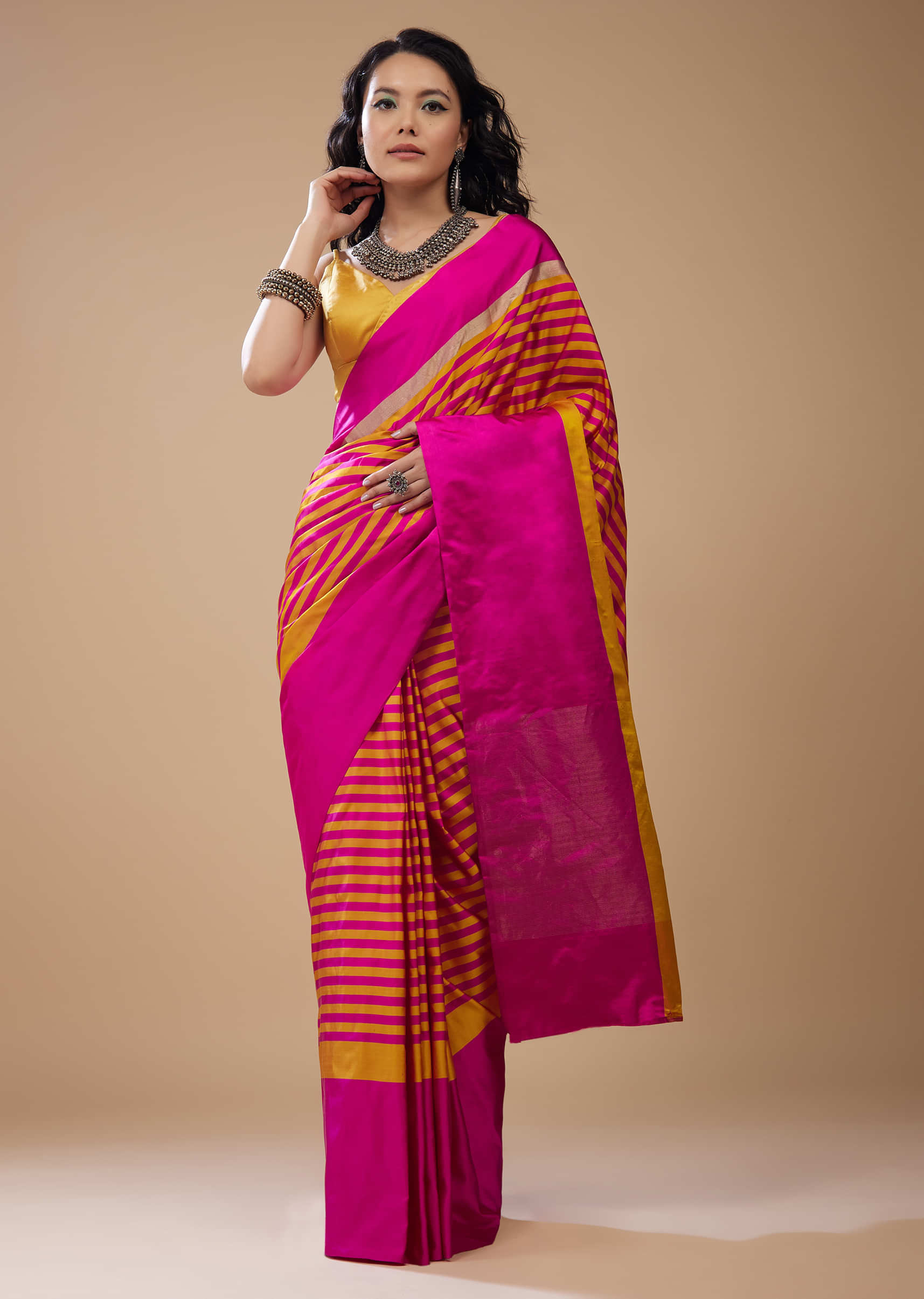 Hot Pink Satin Printed Saree With Dual Tone Stripes