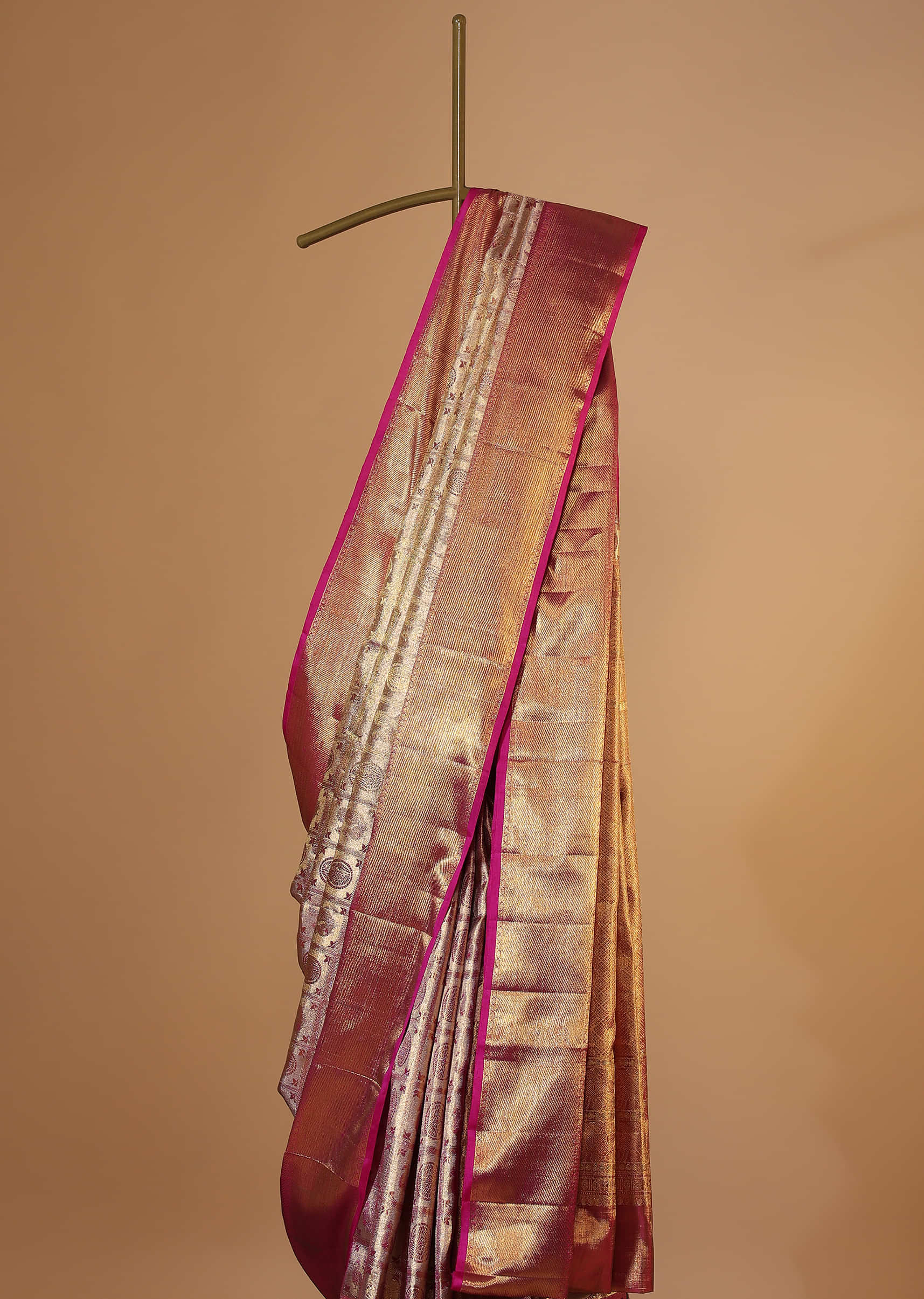 Azalea Pink Tissue Saree With Luminous Gold Tone In Real Gold 14gm Zari