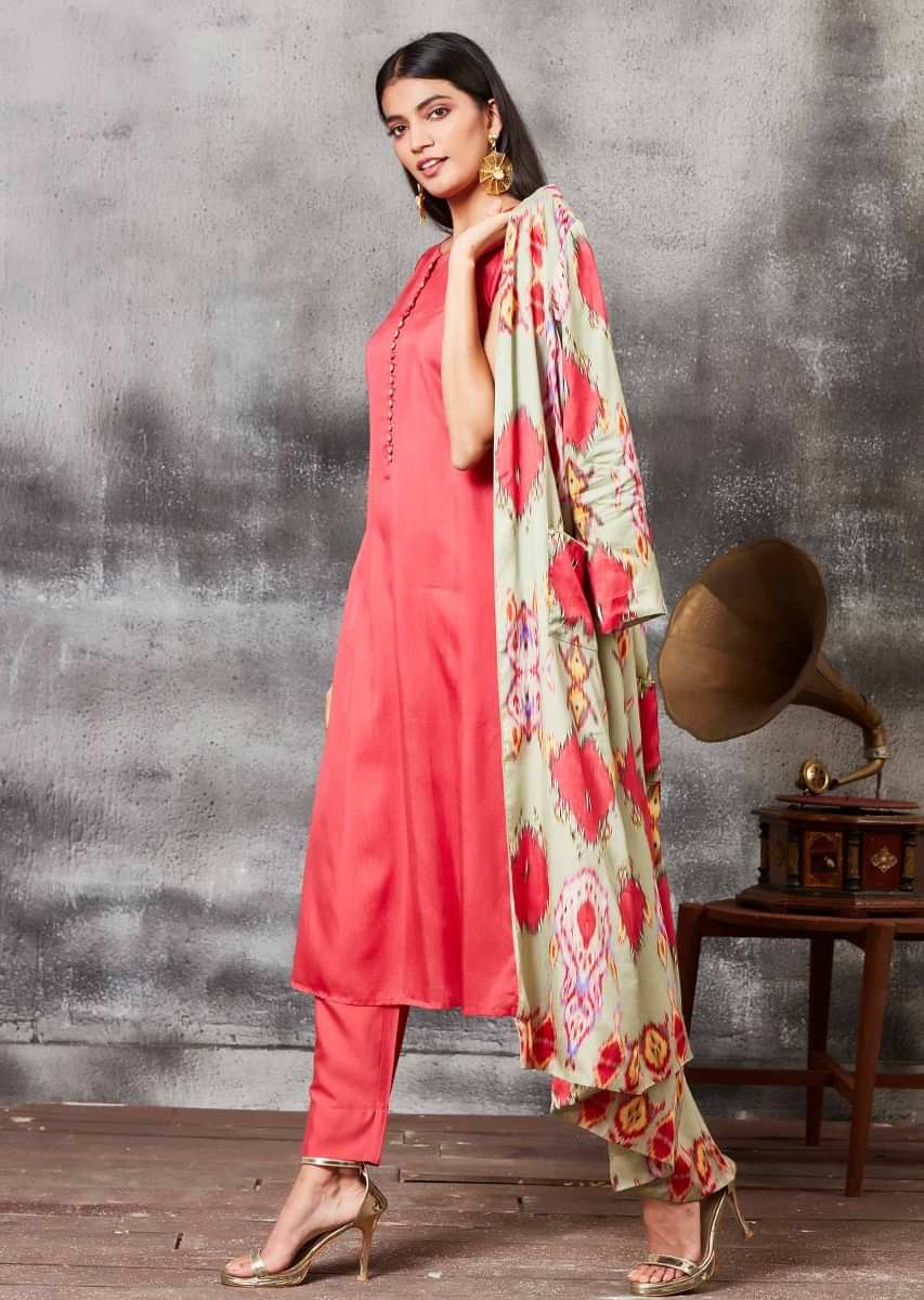 Raspberry Red Straight Cut Suit With Ikkat Printed Jacket Online - Kalki Fashion