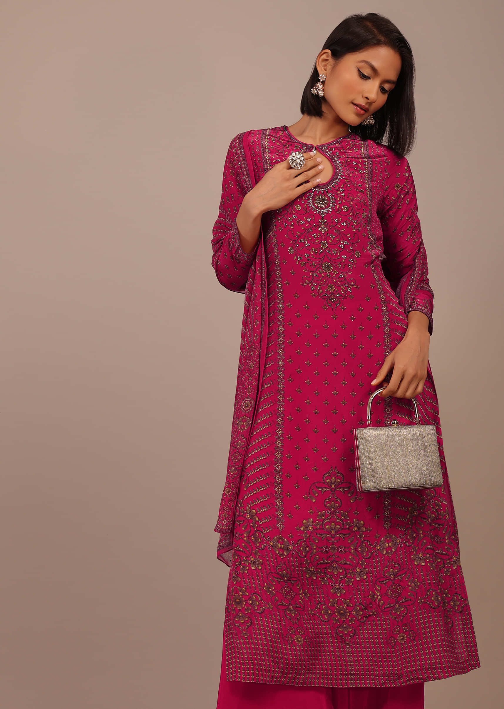 Hot Pink Printed Palazzo Suit With Stonework In Crepe