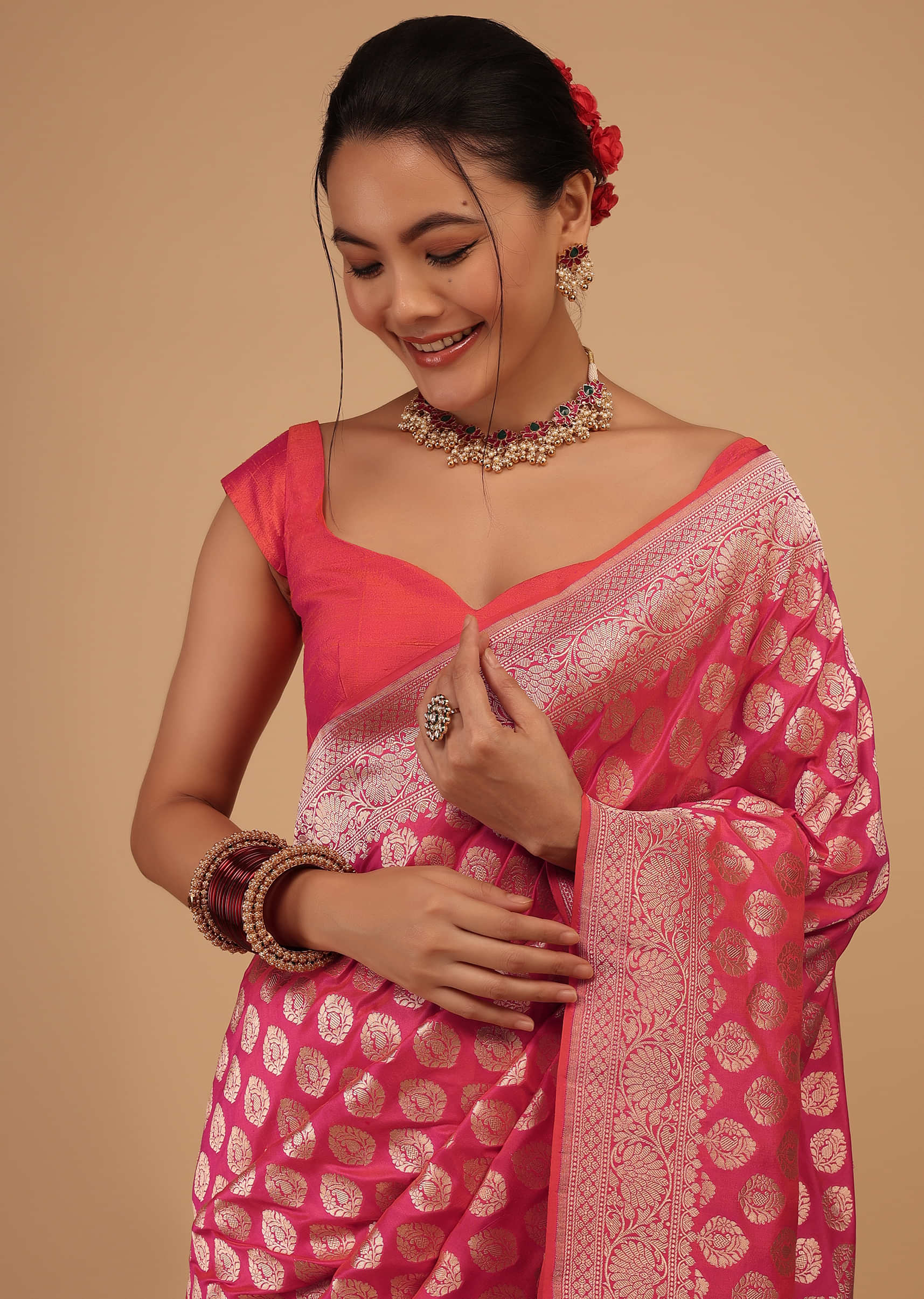 Cherry Pink Saree In Pure Banarasi Silk With An Orange Luminous Shade And Upada Zari Weave Floral Butti Work