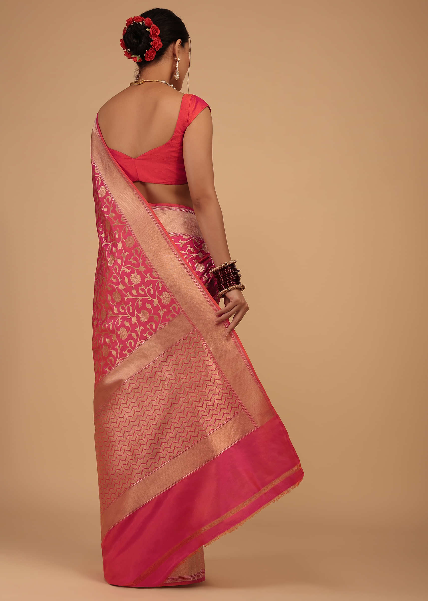 Cherry Pink Saree In Pure Banarasi Silk With An Orange Luminous Shade And Upada Zari Weave Floral Jaal Work