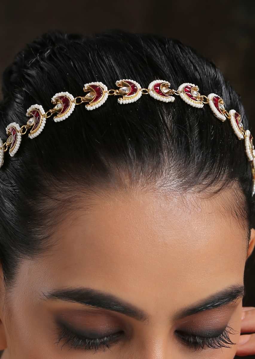 Red And Gold Headband With Uncut Polki, Ruby And Moti Arranged In Crescent Motifs That Have A Timeless Classic Look By Paisley Pop