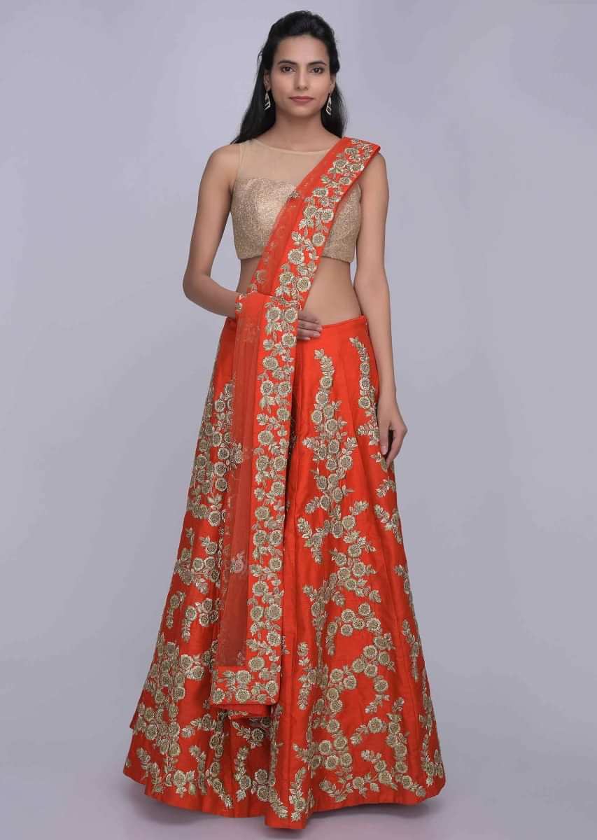 Red Lehenga In Raw Silk With Red Net Dupatta Online - Kalki Fashion