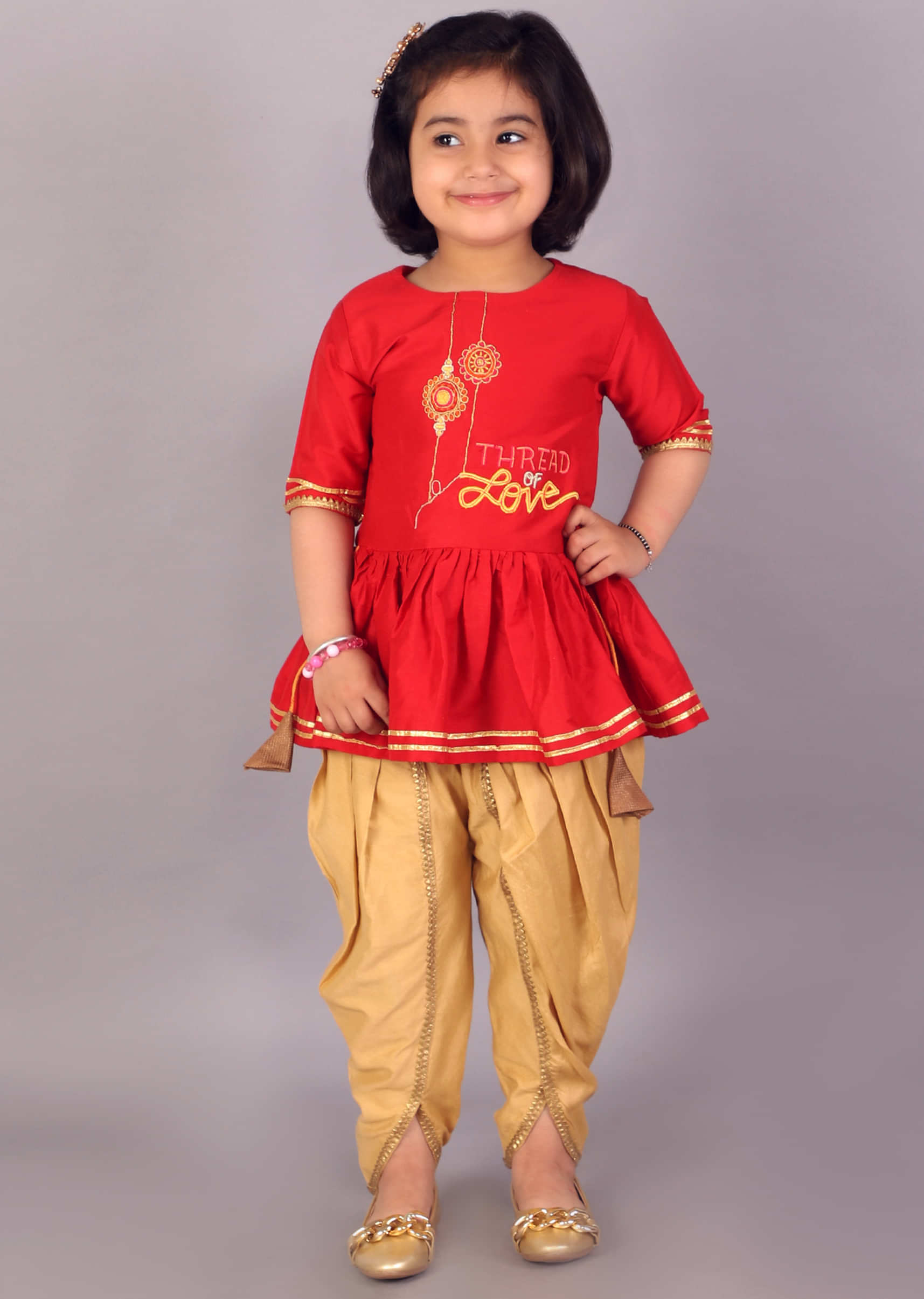 Kalki Girls Red And Beige Dhoti Suit With Machine Embroidered Peplum Top In Cotton Silk