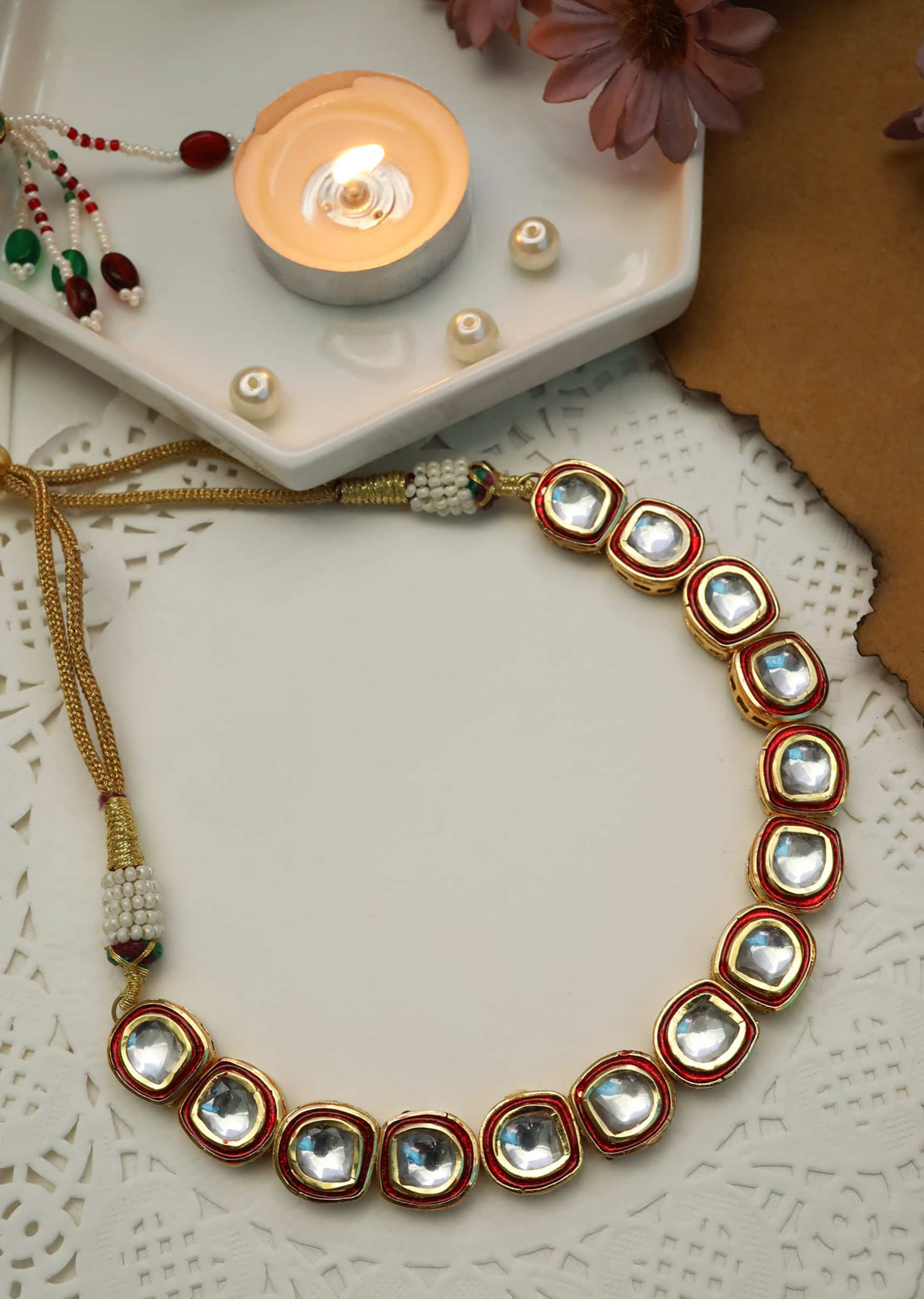 Red And Gold Minimalist Choker Necklace In An Edgy Kundan Design By Paisley Pop