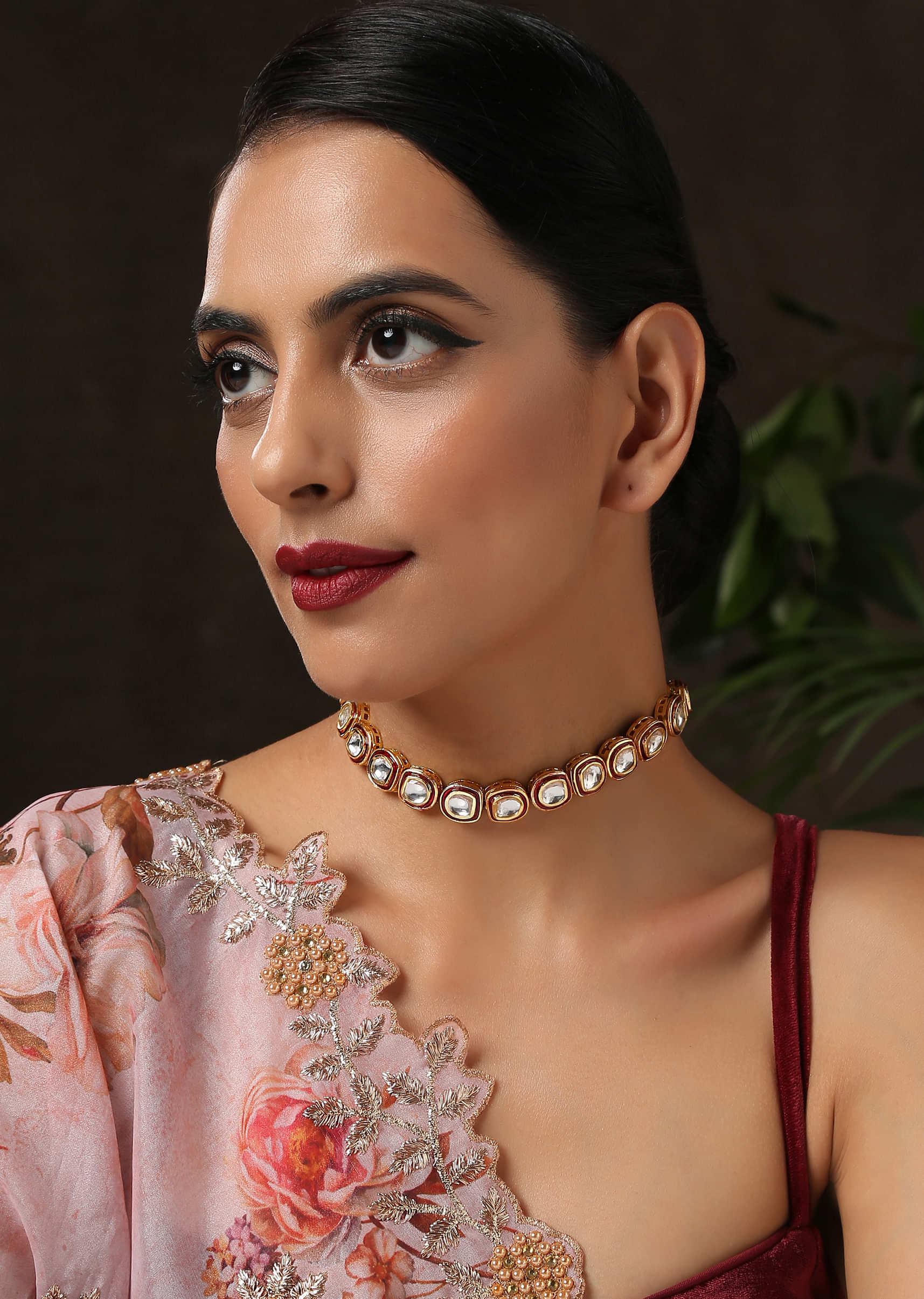 Red And Gold Minimalist Choker Necklace In An Edgy Kundan Design By Paisley Pop