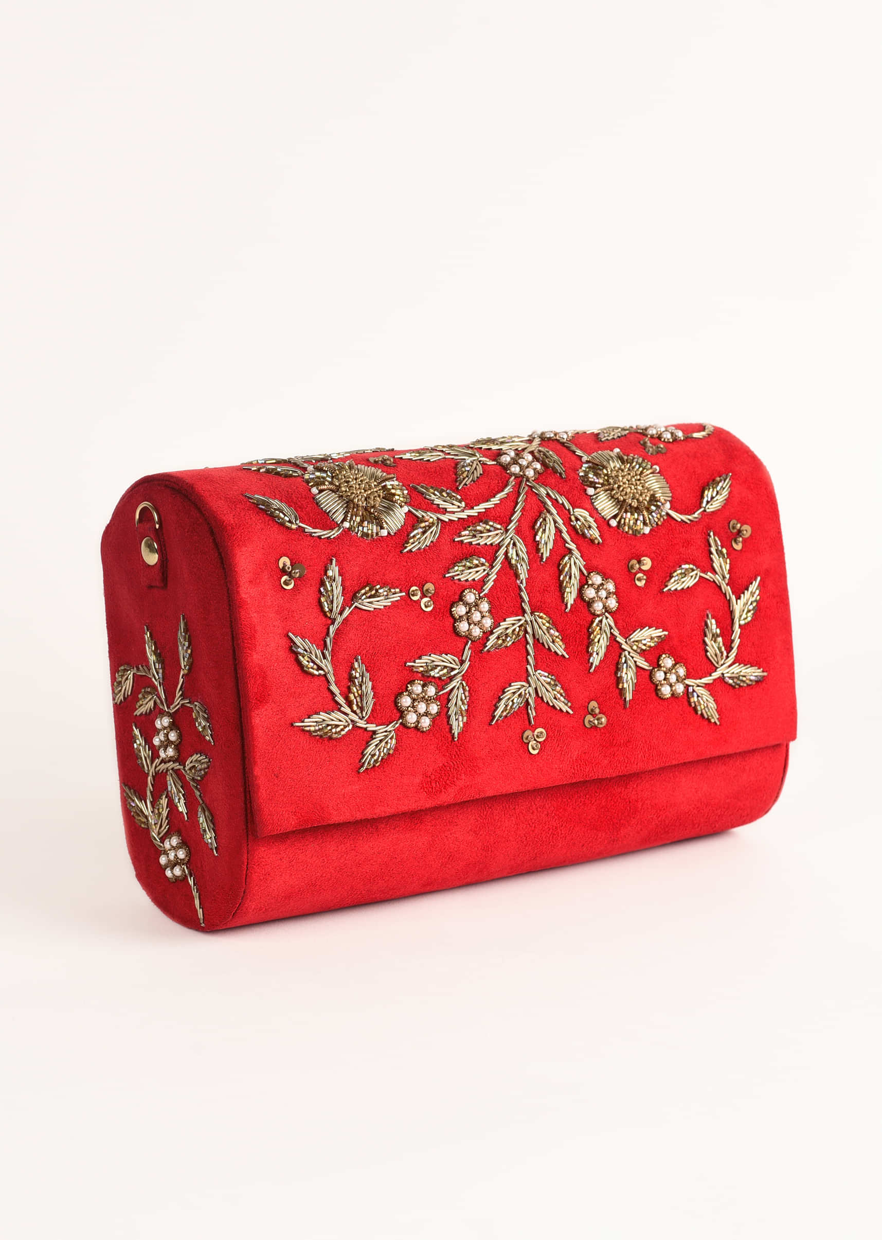Red Clutch In Suede With Zardosi Embroidered Floral Motifs Online - Kalki Fashion