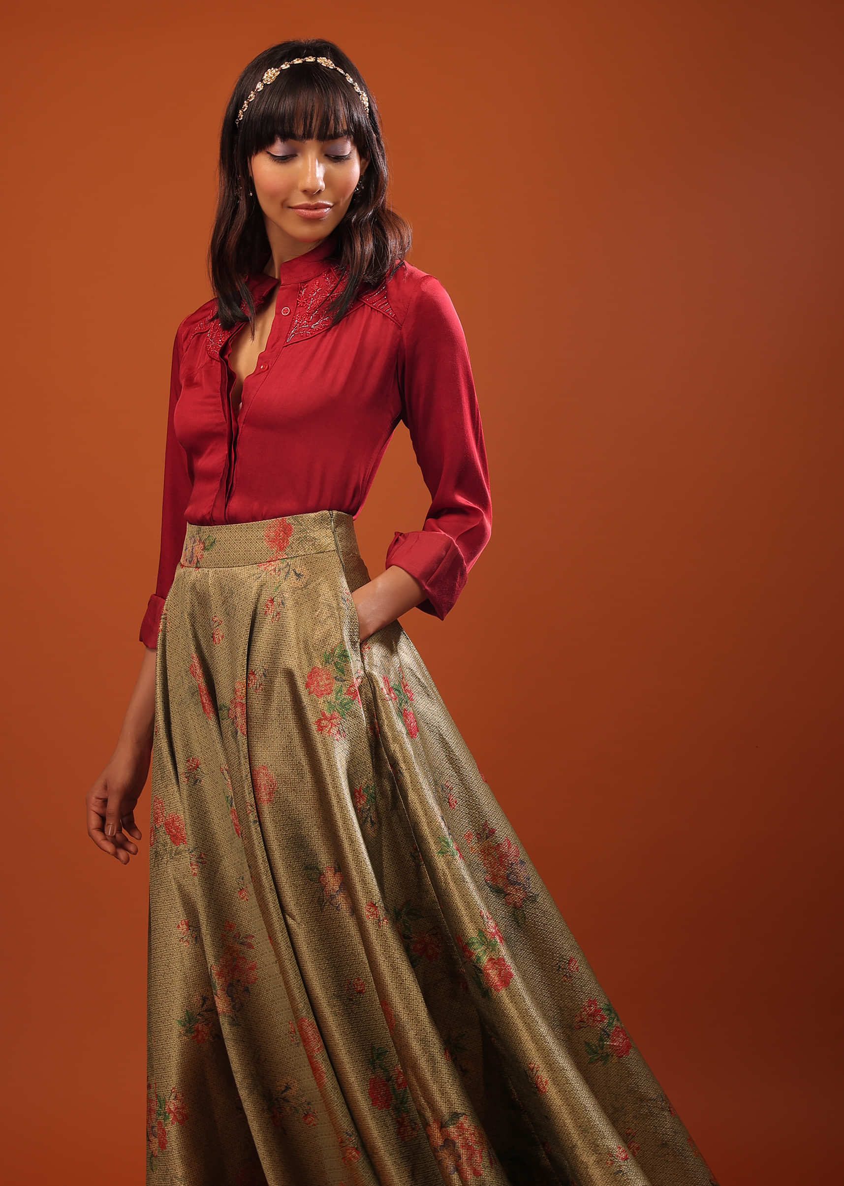 Fiery Dola Silk Shirt And Tea-Green Banarasi Brocade Skirt With Floral Motifs