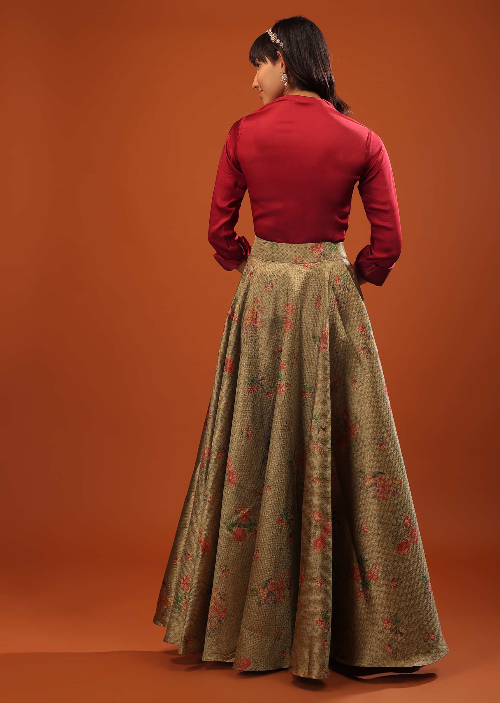 Fiery Dola Silk Shirt And Tea-Green Banarasi Brocade Skirt With Floral Motifs