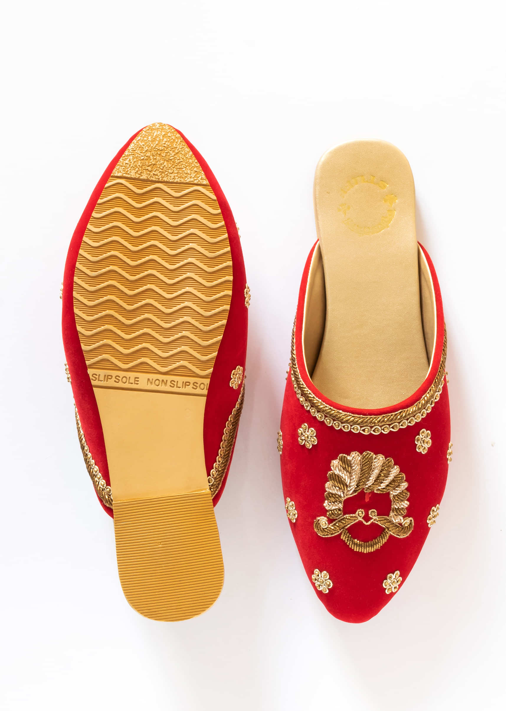 Fiery Red Embroidered Mules In Velvet With Zari And Thread Work