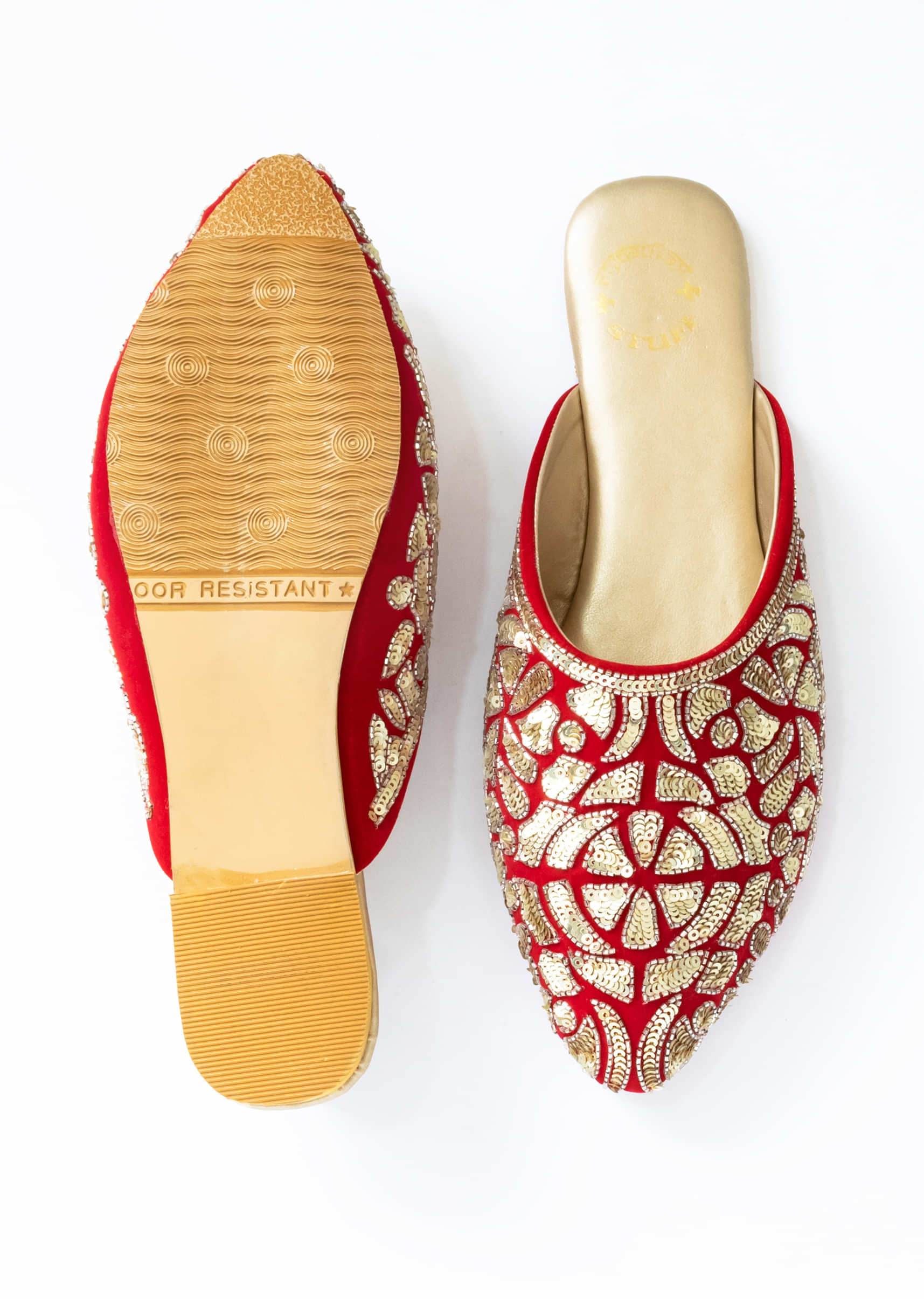 Fiery Red Embroidered Mules In Velvet With Zari And Sequins Work