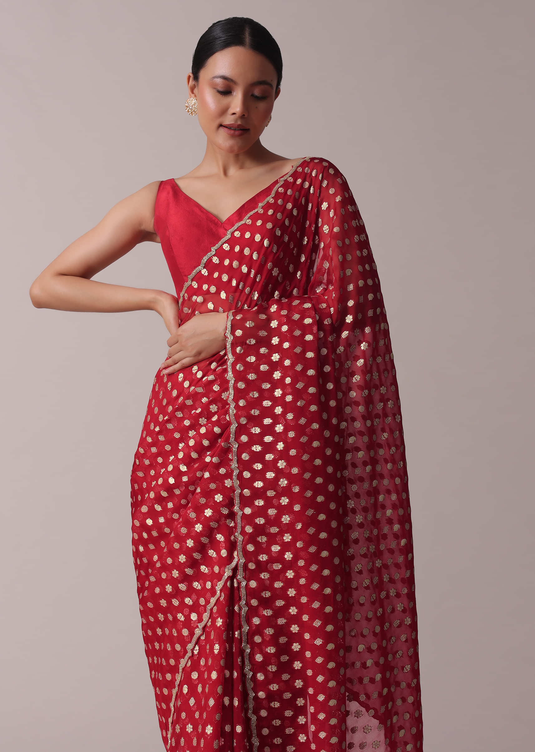 Red Festive Saree In Crepe With Lurex And Embroidery Work