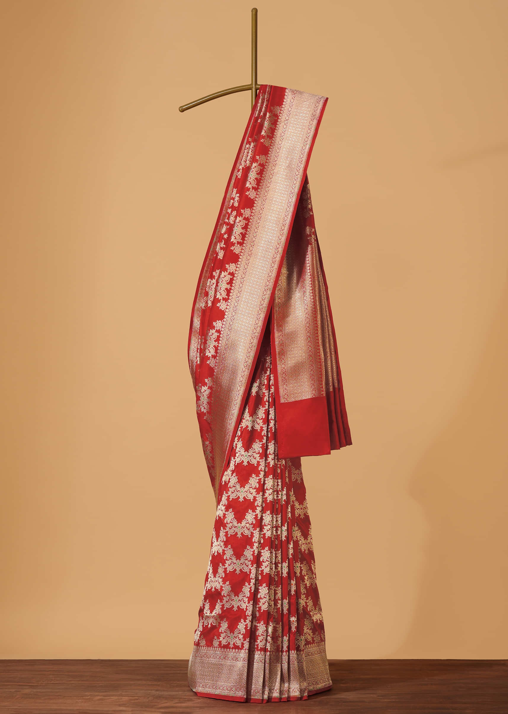 Red Handloom Banarasi In Katan Silk With Golden Weave