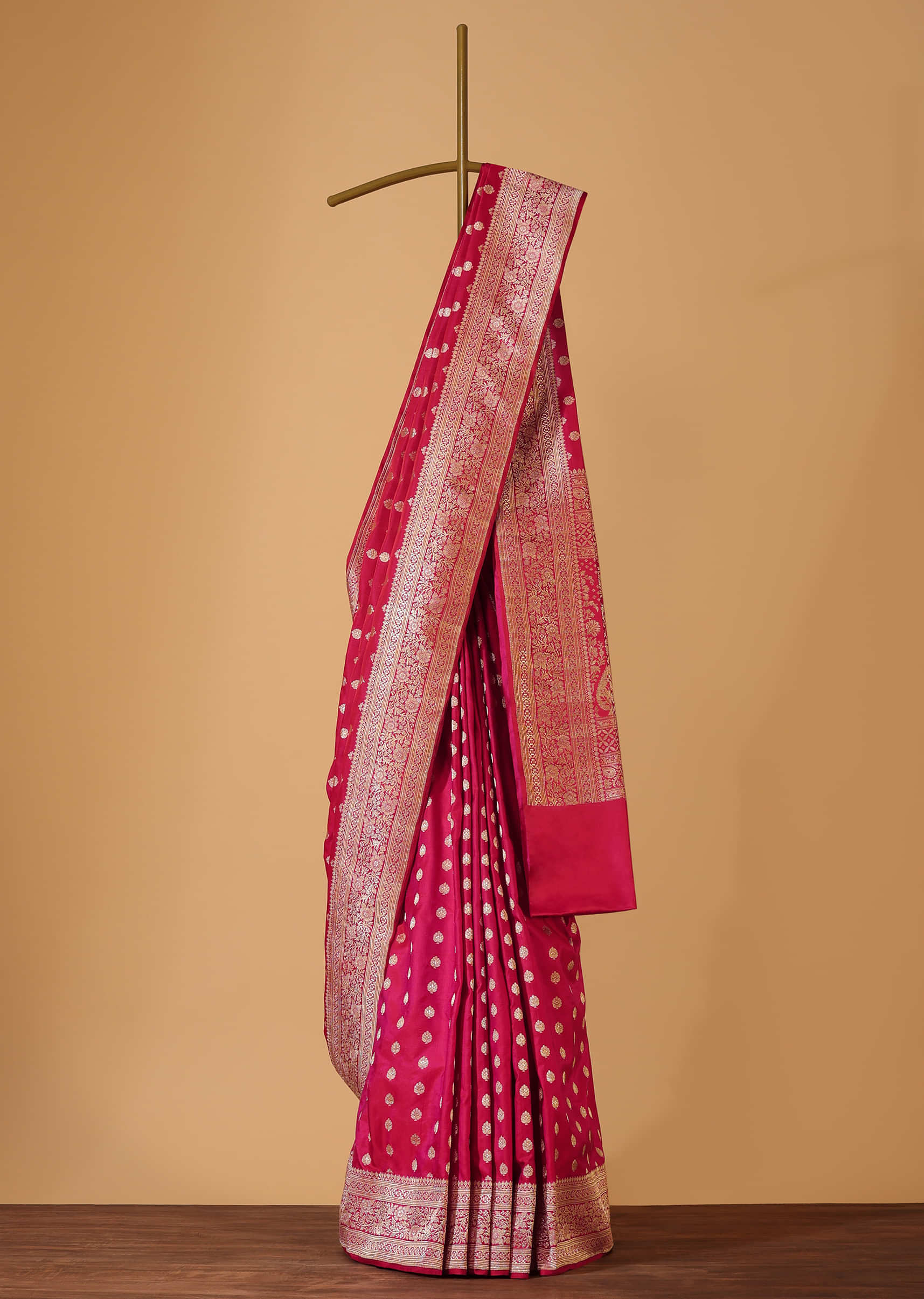Red Handloom Banarasi In Katan Silk With Kasub Butti Weave And Unstitched Blouse