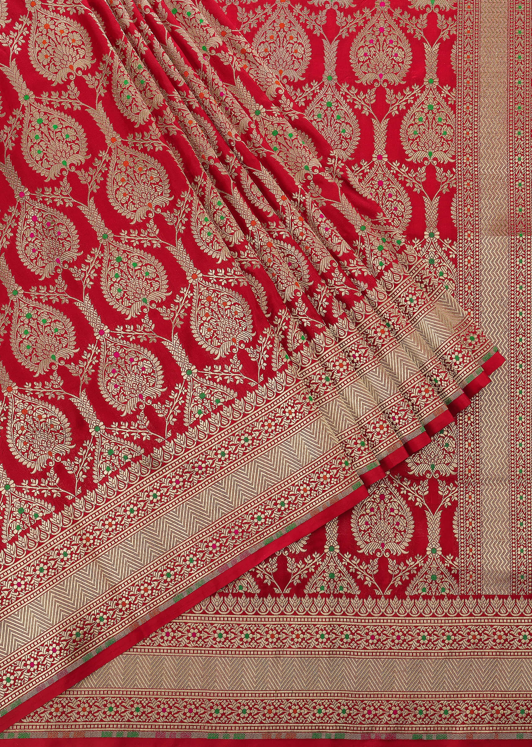 Red Handloom Banarasi Saree In Katan Silk With Meenakari Weave