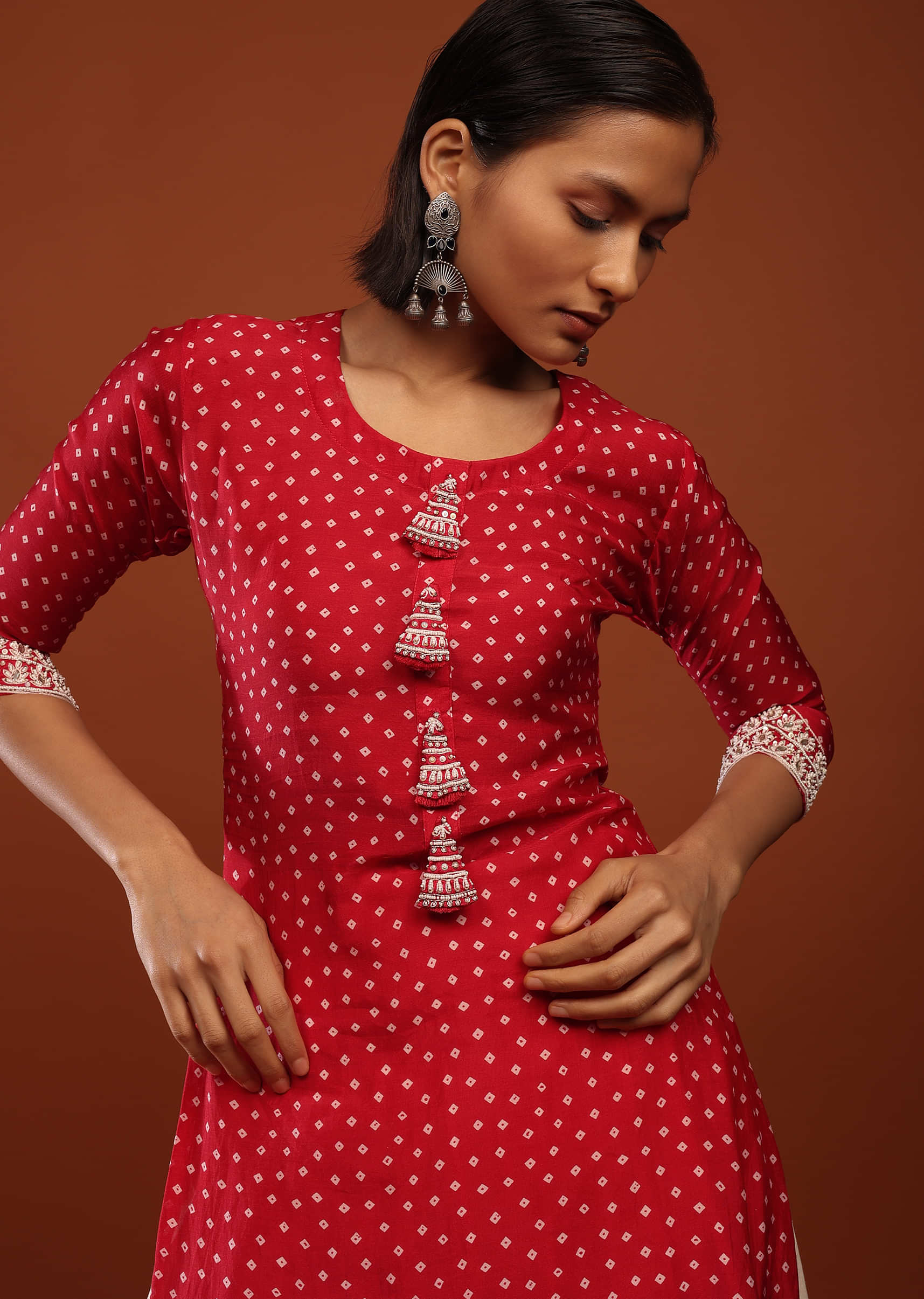 Fiery Red Kurta In Cotton With Bandhani Buttis And Moti Detailed Tassels