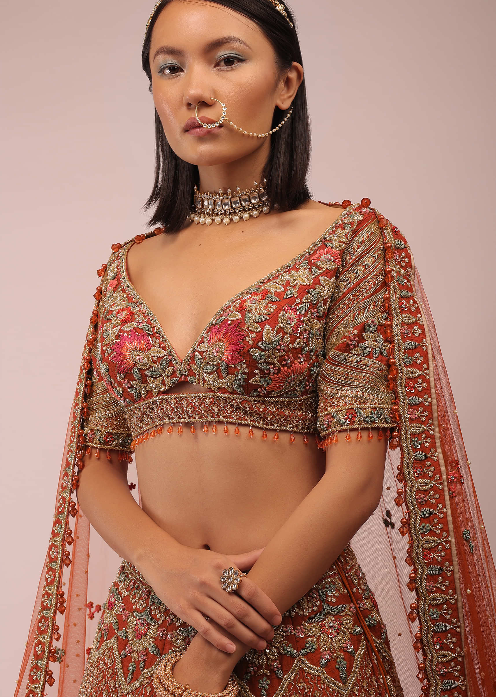 Red Lehenga In Floral Motifs Inspired By Mughal Design Embroidered In Resham And Beads In Kalis, Choli In Scalloped Neckline In Resham Work Embroidery