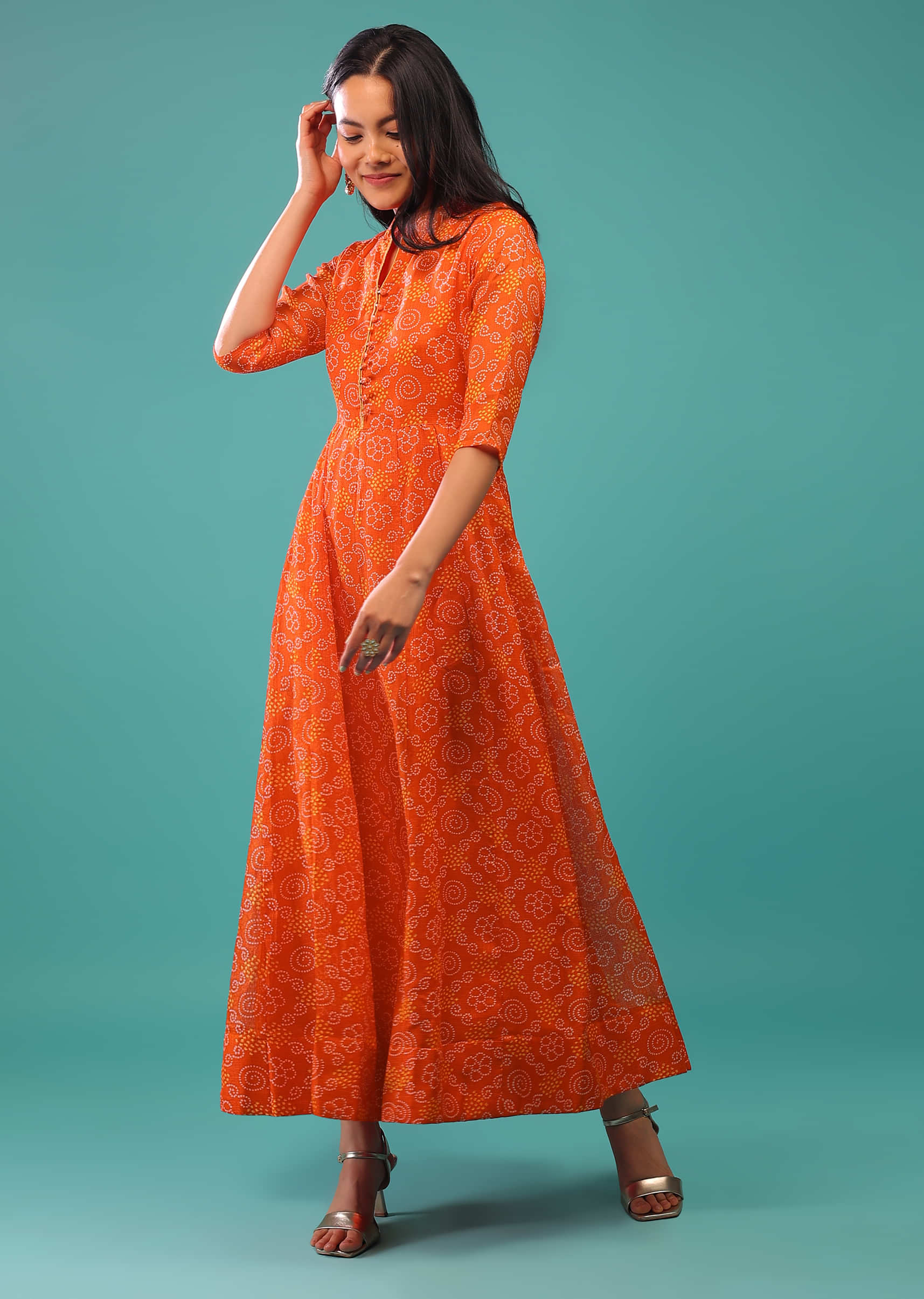 Red Orange Dress With Bandhani Print Made With Kota Silk