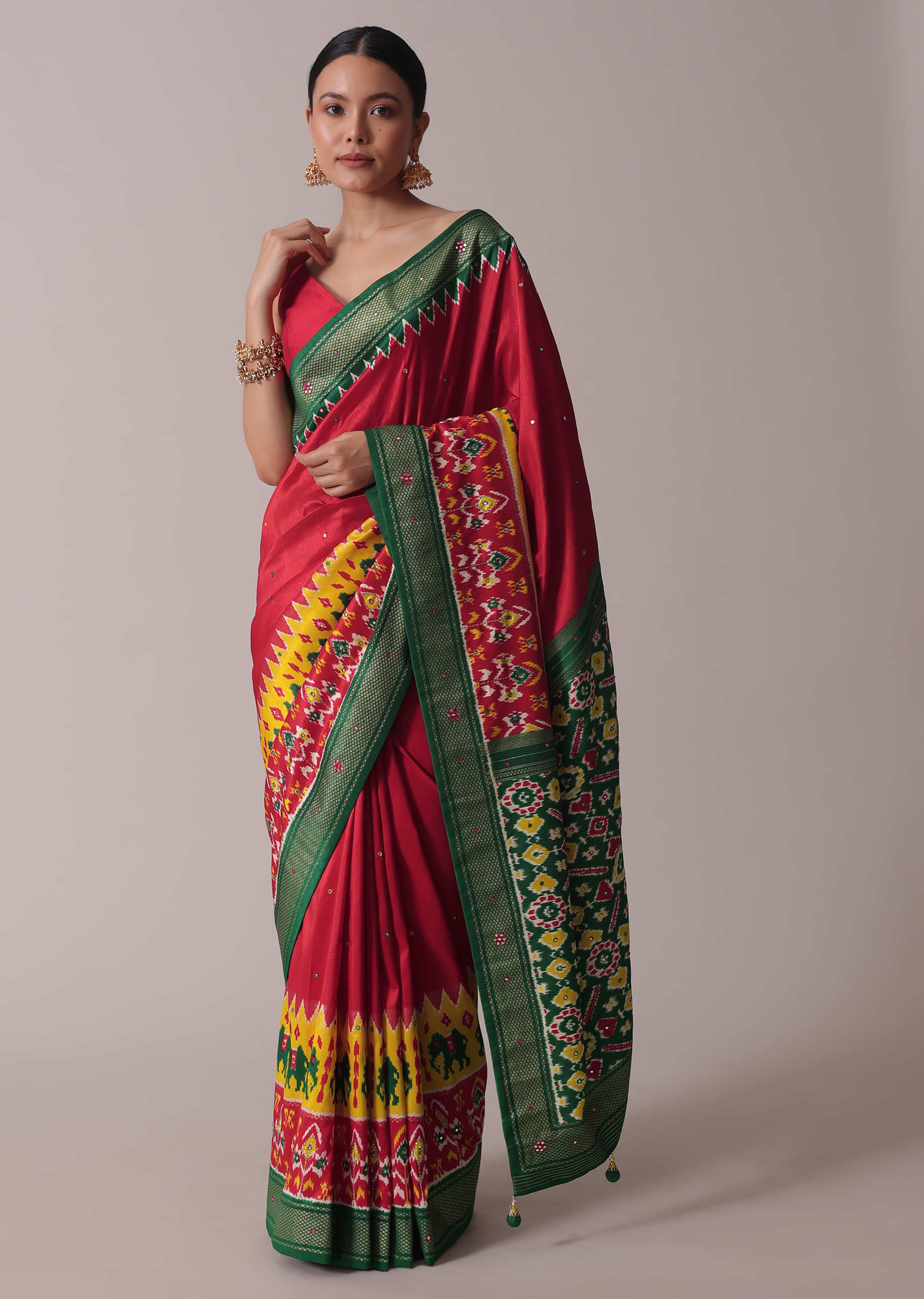 Red Patola Printed Embroidered Festive Saree In Dola Silk