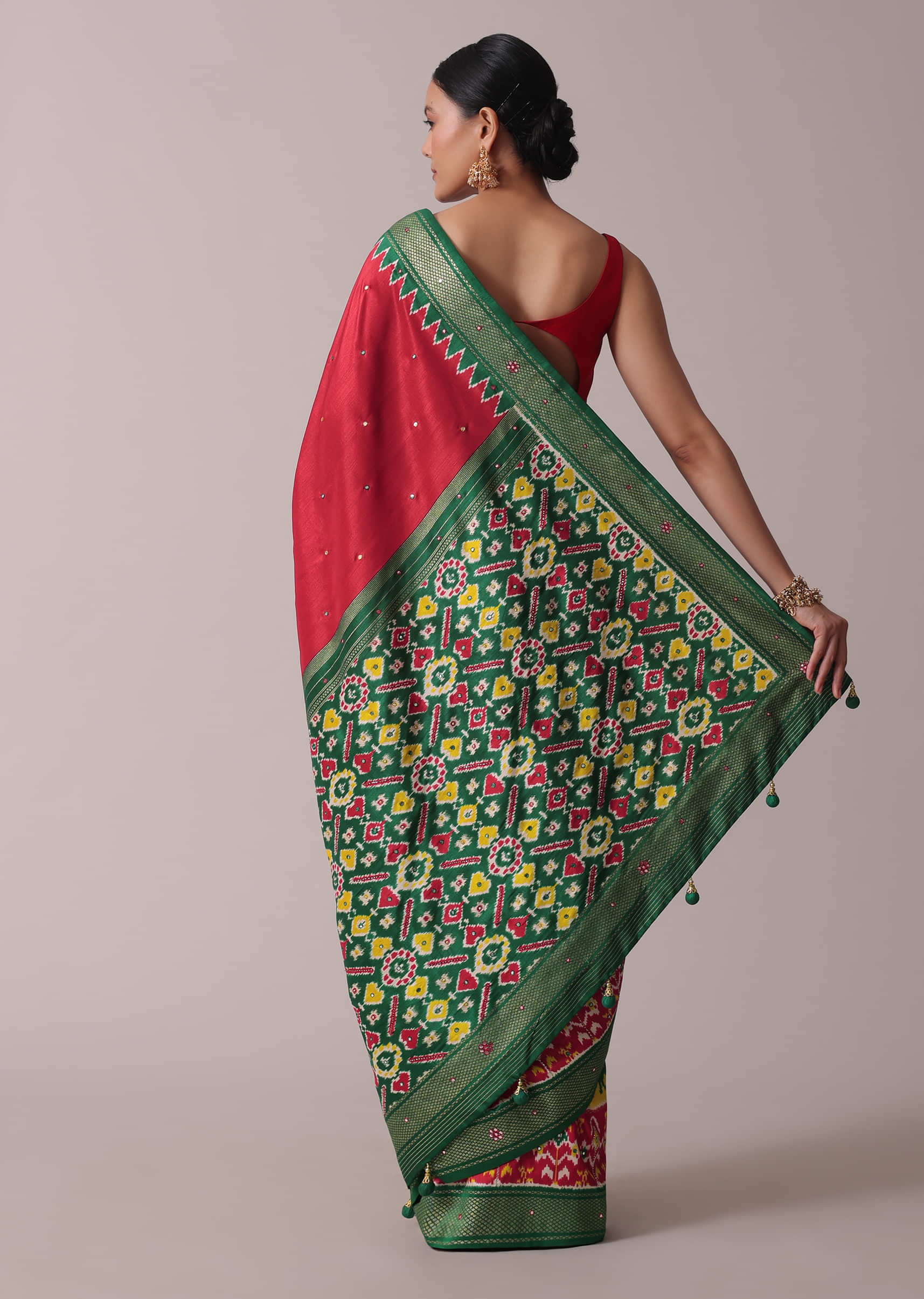Red Patola Printed Embroidered Festive Saree In Dola Silk