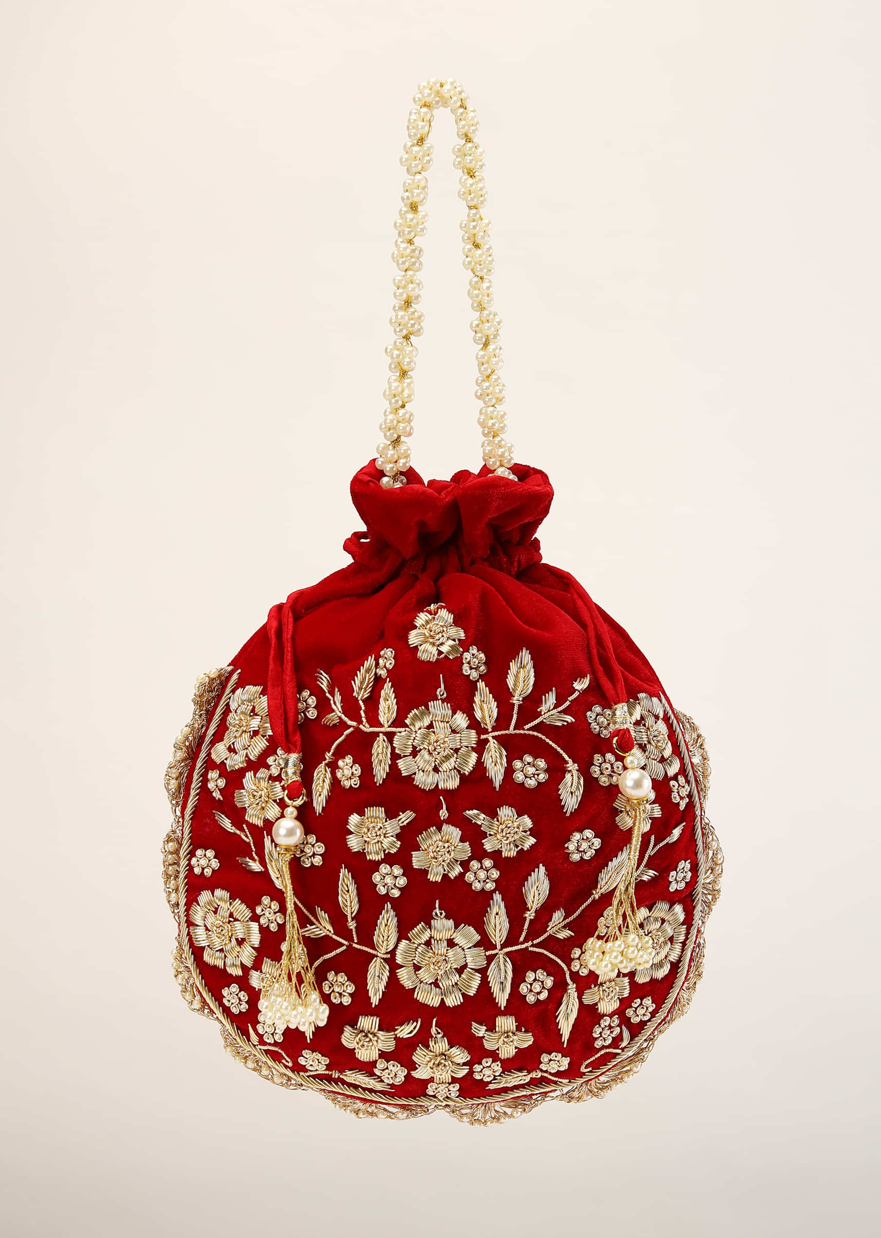 Red Velvet Potli  With Hand Embroidery Detailing Using Zardosi And Moti Embroidered Floral Design