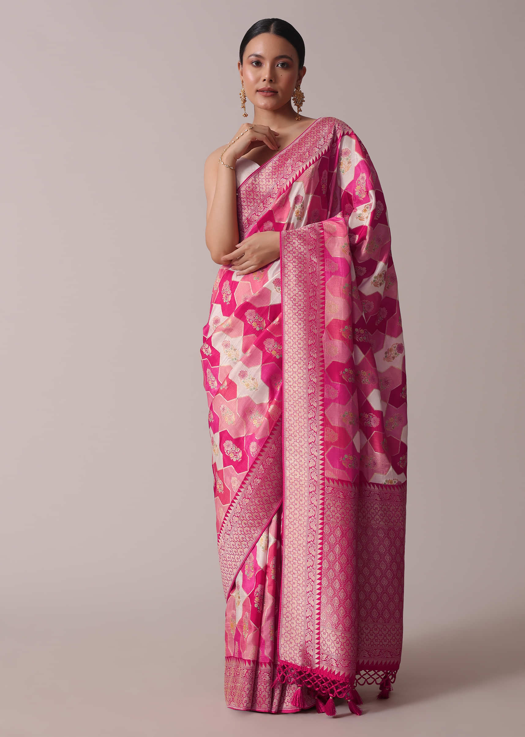 Red Printed Festive Saree In Dola Silk With Embroidery
