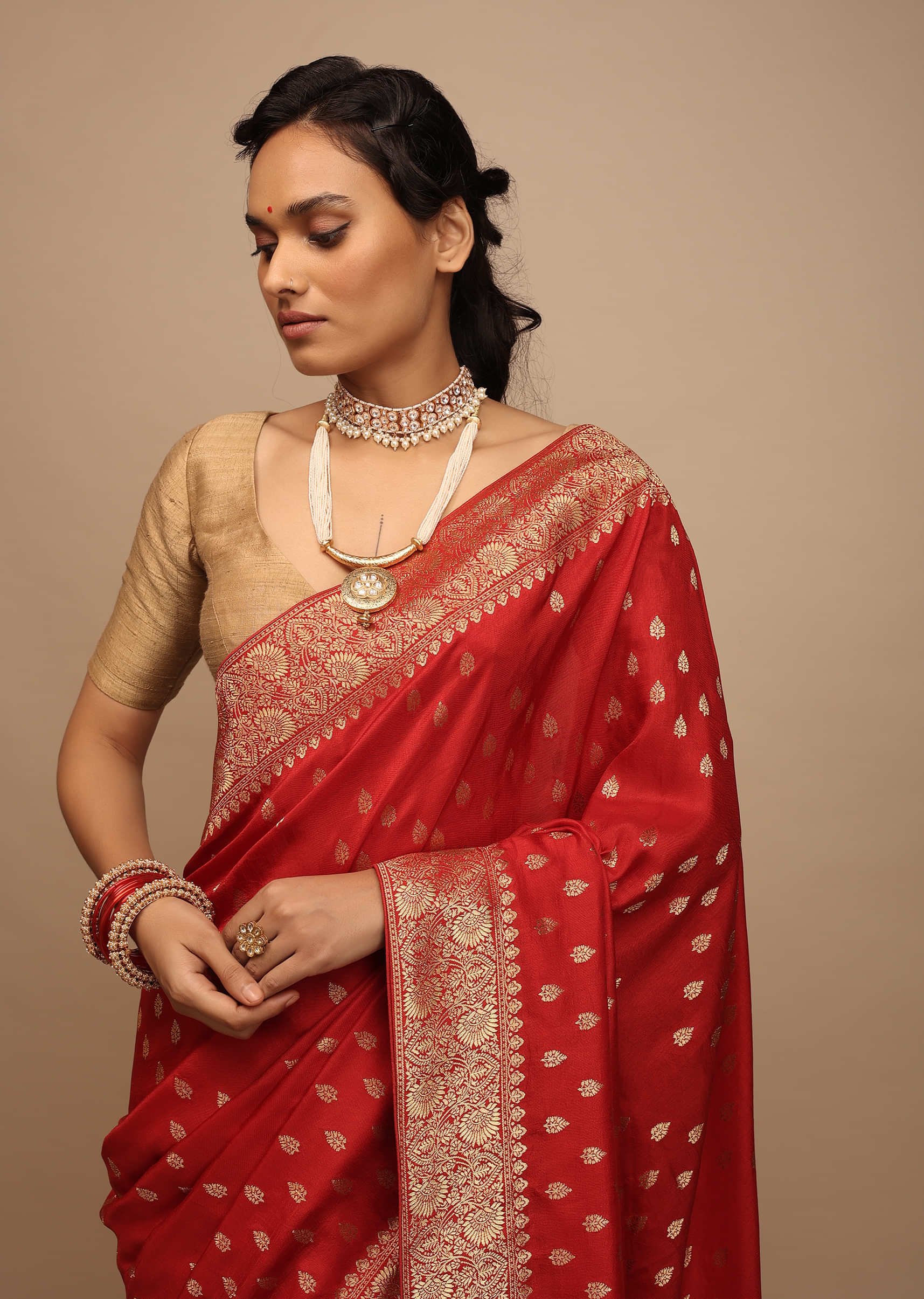 Fiery Red Saree In Dola Silk With Woven Leaf Buttis And Moroccan Weave On Pallu