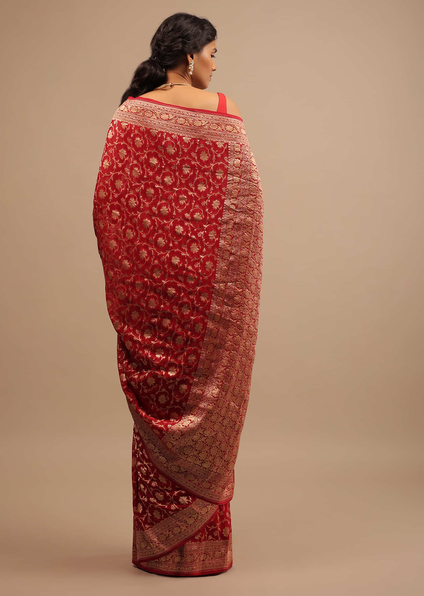 Apple Red Saree In Georgette With Golden Woven Floral Jaal Work
