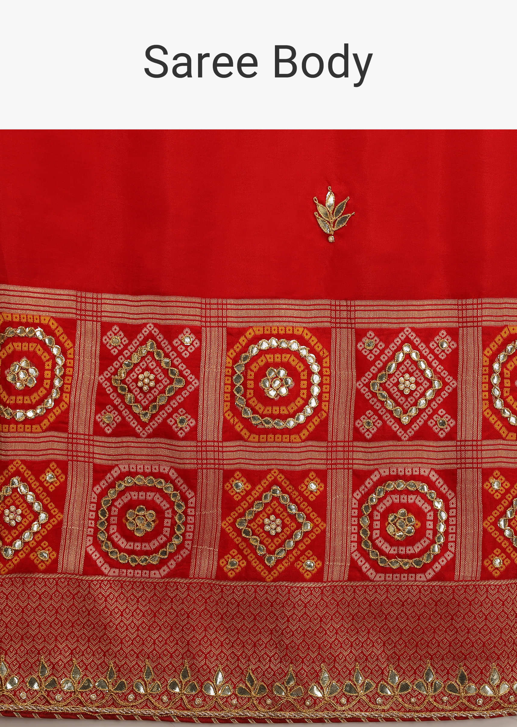 Red Saree In Silk With Brocade Geometric Design On The Border And Gotta Patti Work