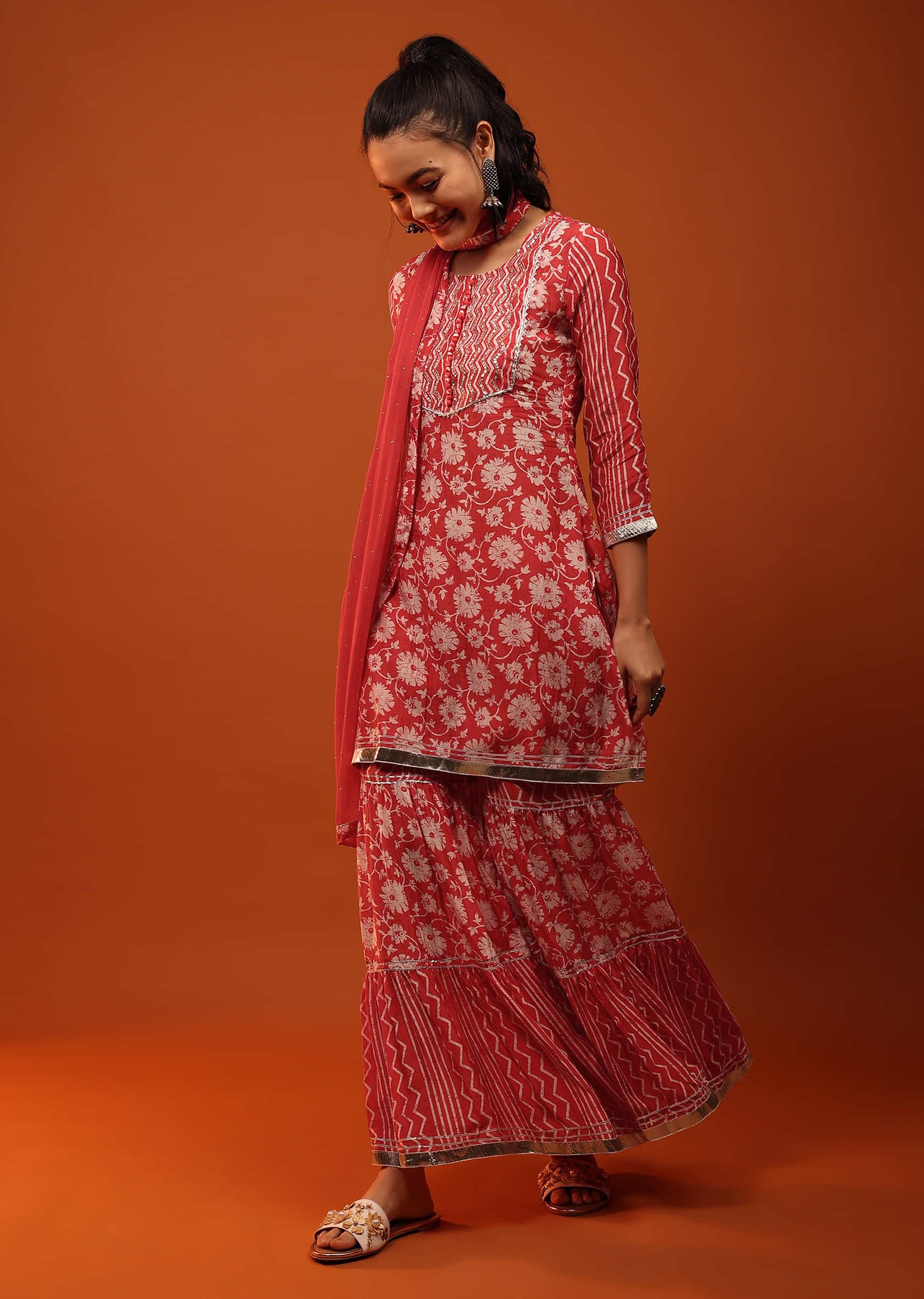 Red Sharara Suit With Floral Prints, Gotta Patti Work And Sequins