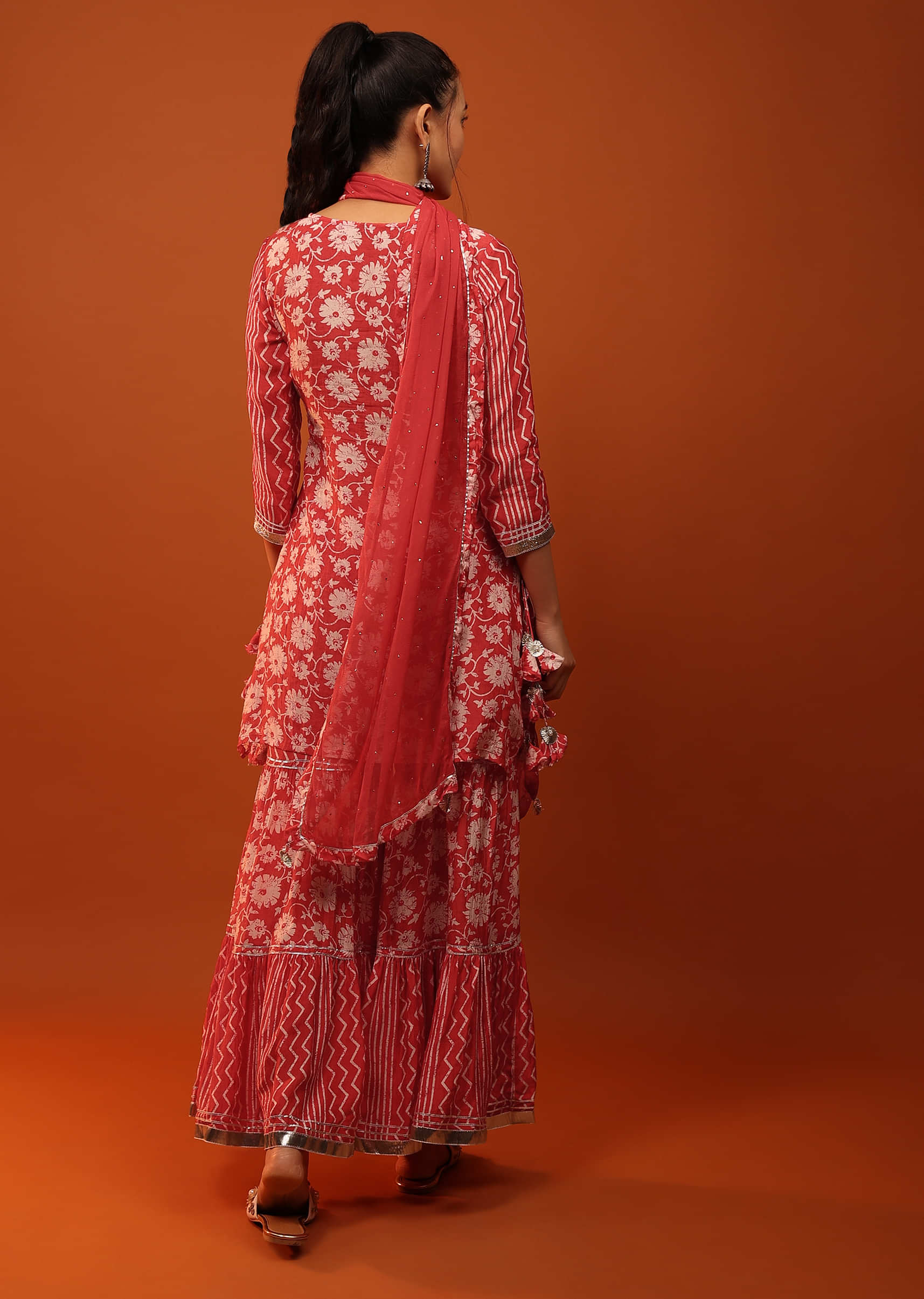 Red Sharara Suit With Floral Prints, Gotta Patti Work And Sequins